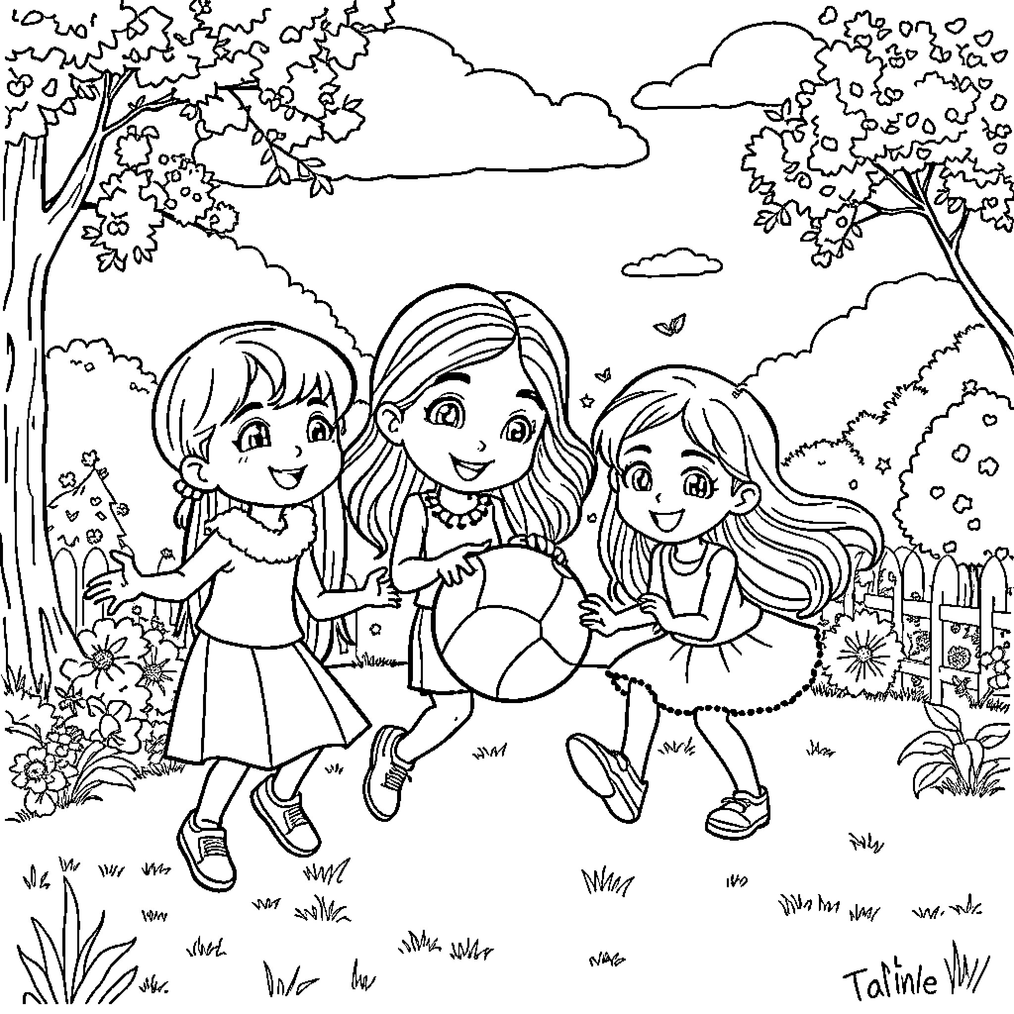 Friend playing with a ball in the park Coloring Page (free black-and-white line drawing printable PDF for all, from beginners to advanced learners, including children, teens, adults, and seniors)