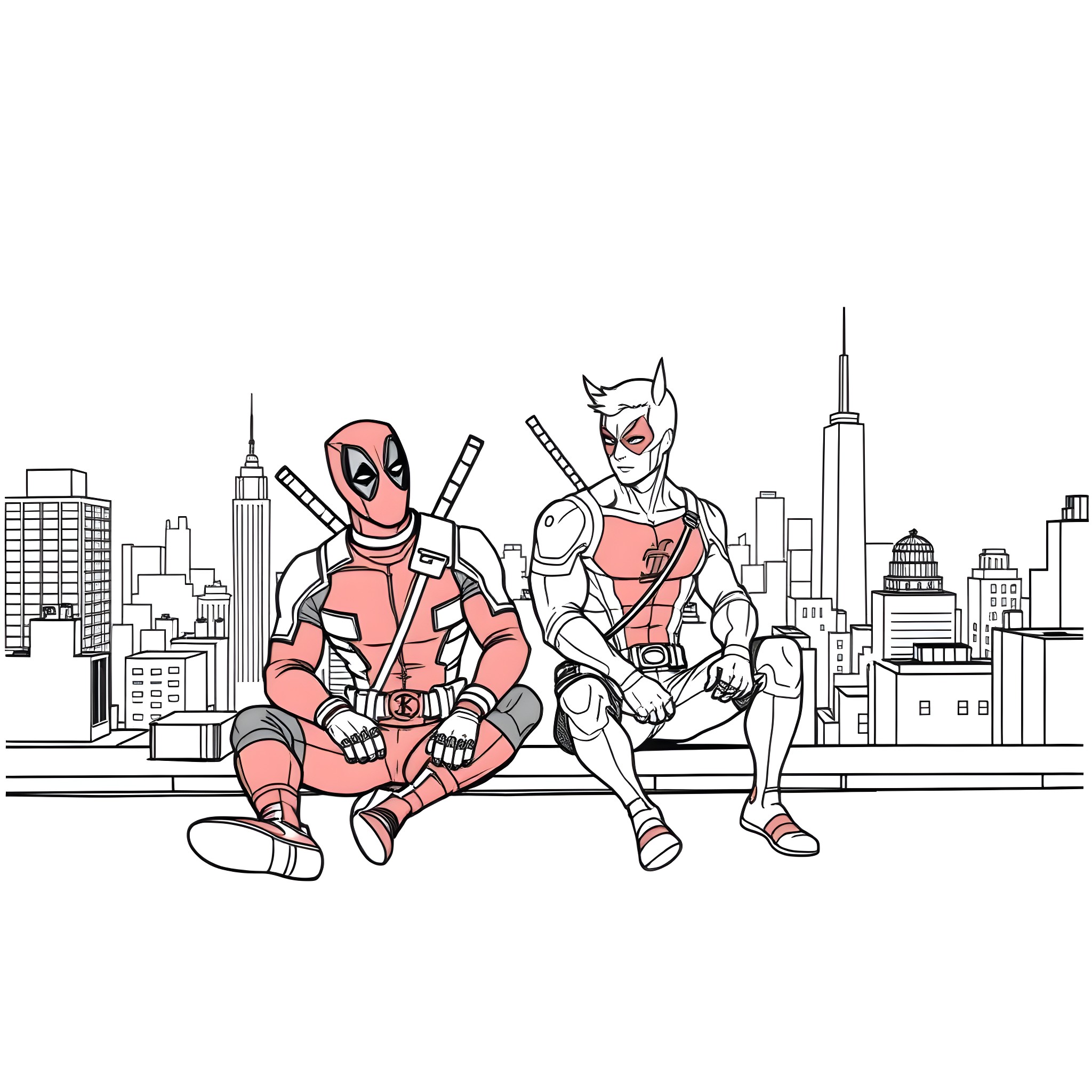 Deadpool and Katana Relaxing in the City Coloring Page (free black-and-white line drawing printable PDF for all, from beginners to advanced learners, including children, teens, adults, and seniors)