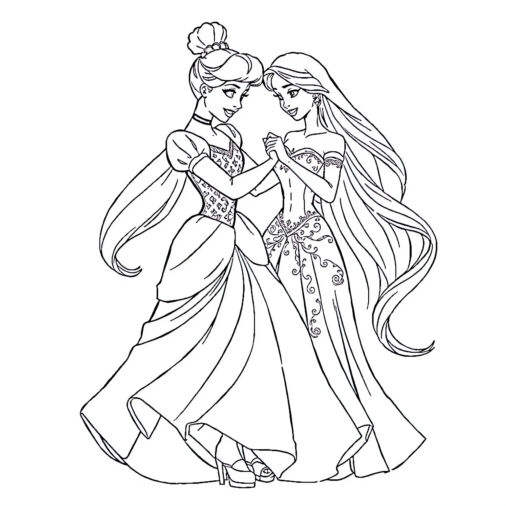 Princesses in Elegant Gowns Sharing a Moment Coloring Page (free black-and-white line drawing printable PDF for all, from beginners to advanced learners, including children, teens, adults, and seniors)