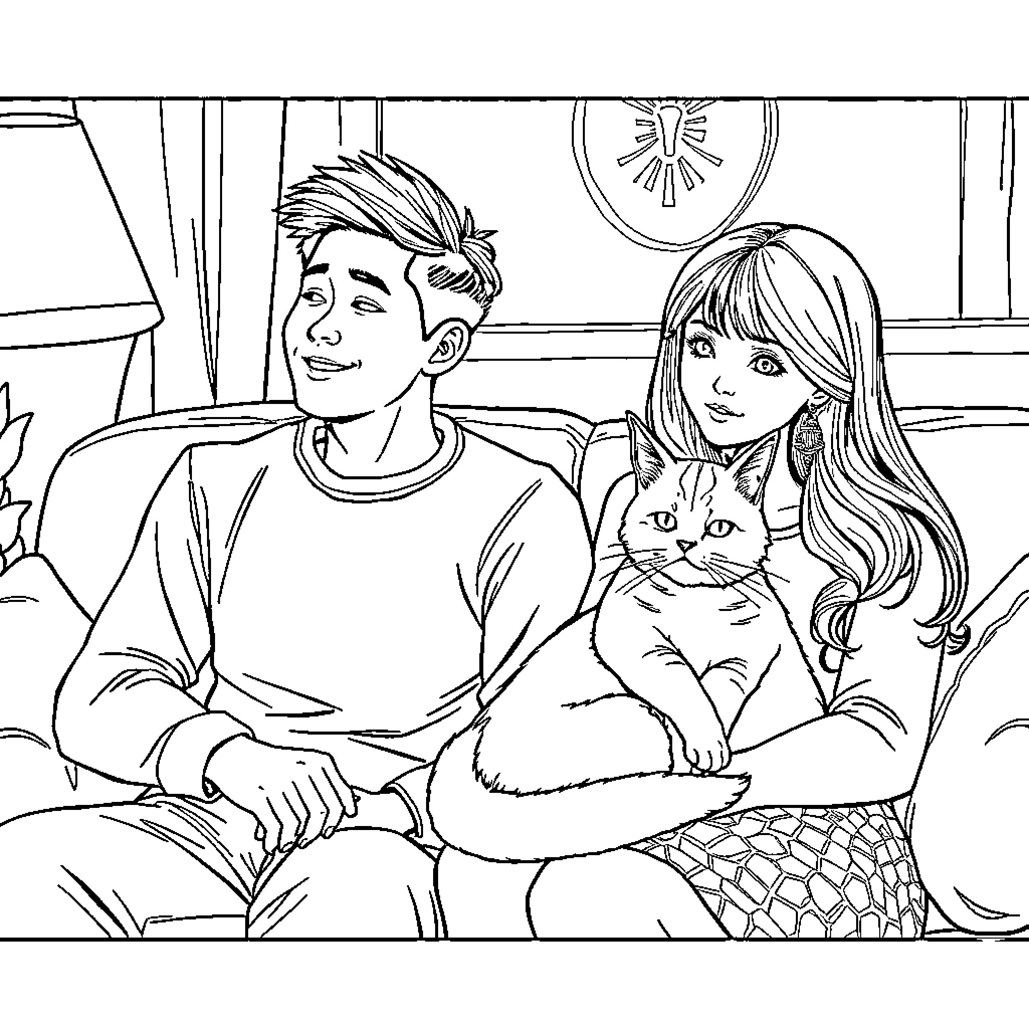 Adult couple relaxing at home with pet cat Coloring Page (free black-and-white line drawing printable PDF for all, from beginners to advanced learners, including children, teens, adults, and seniors)