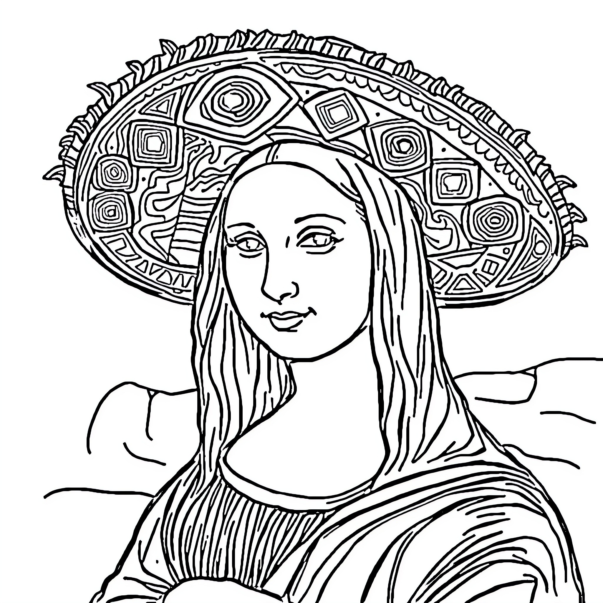 Mona Lisa with Ornate Headpiece and Serene Expression Coloring Page (free black-and-white line drawing printable PDF for all, from beginners to advanced learners, including children, teens, adults, and seniors)