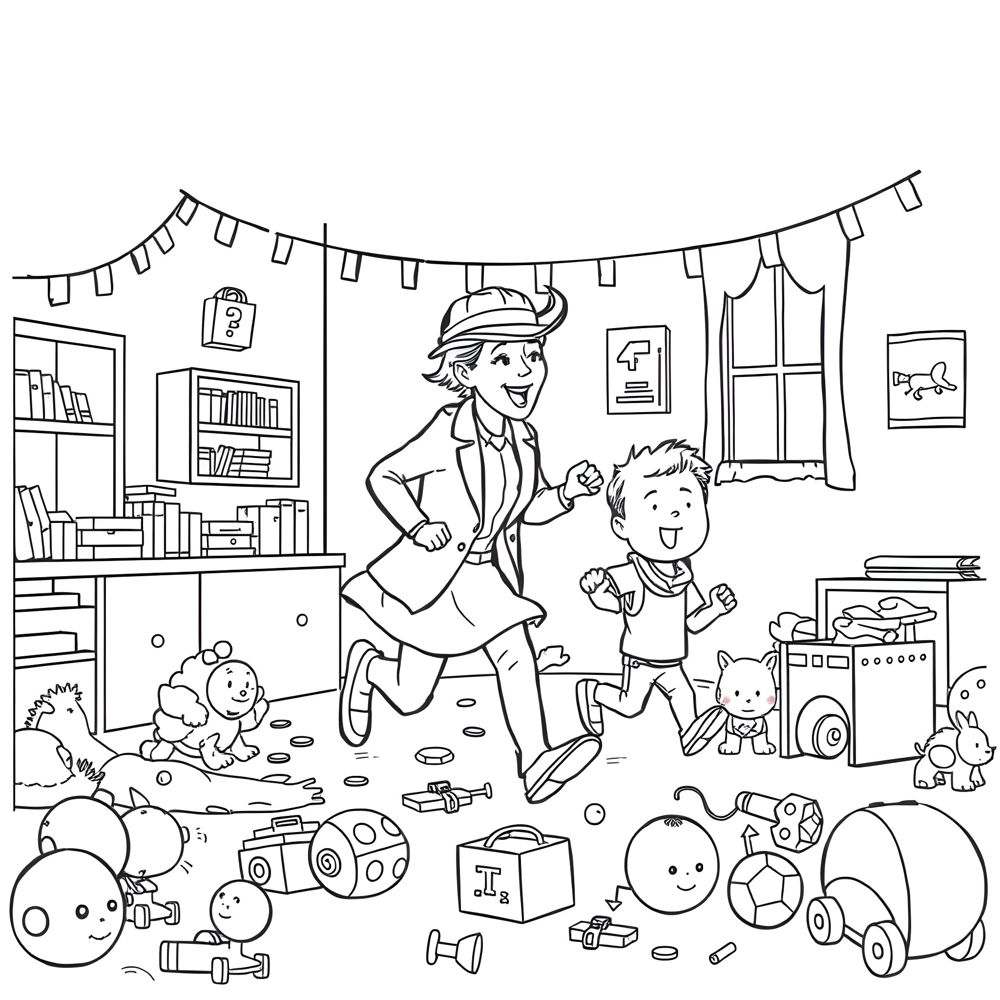 Ghislaine Maxwell playing with children in a colorful indoor setting Coloring Page (free black-and-white line drawing printable PDF for all, from beginners to advanced learners, including children, teens, adults, and seniors)