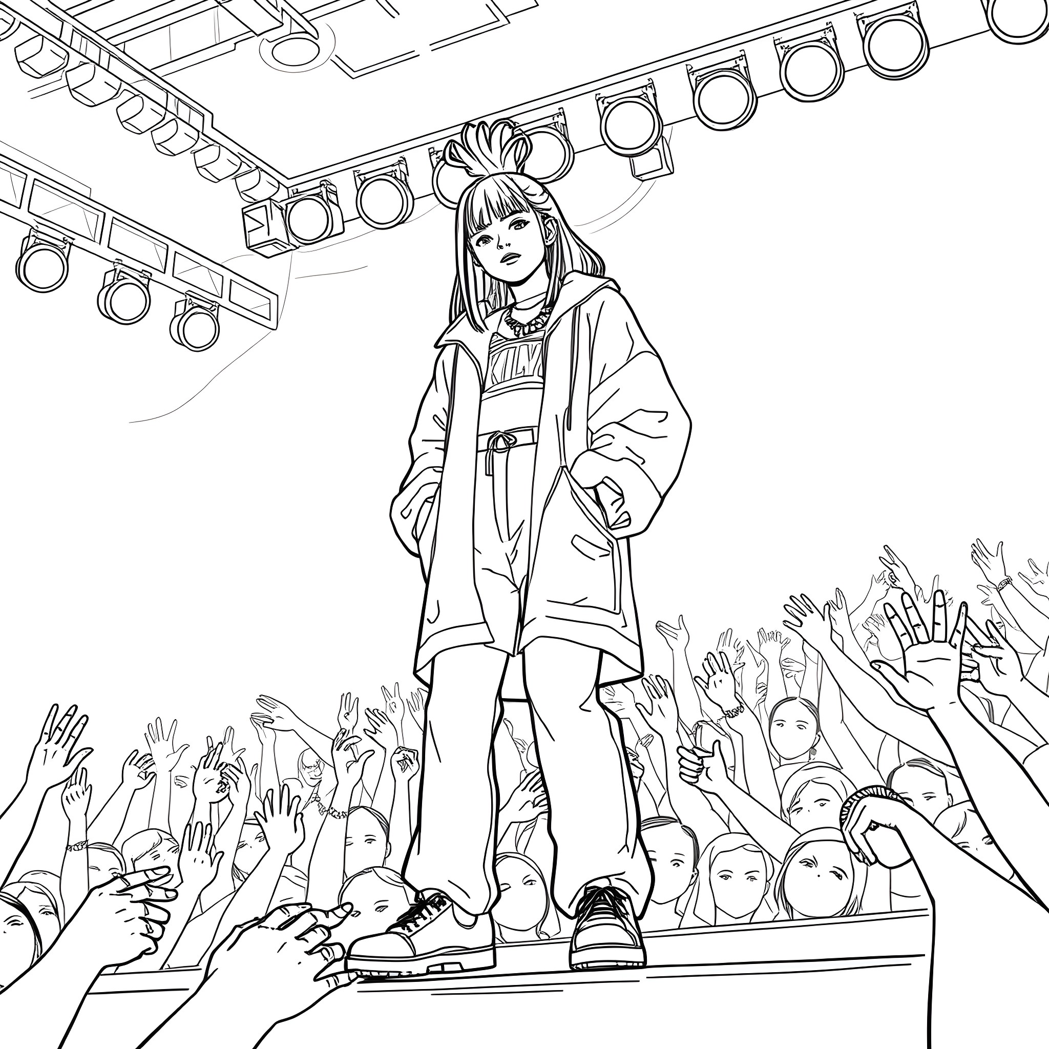 Billie Eilish performing on stage in front of adoring crowd Coloring Page (free black-and-white line drawing printable PDF for all, from beginners to advanced learners, including children, teens, adults, and seniors)