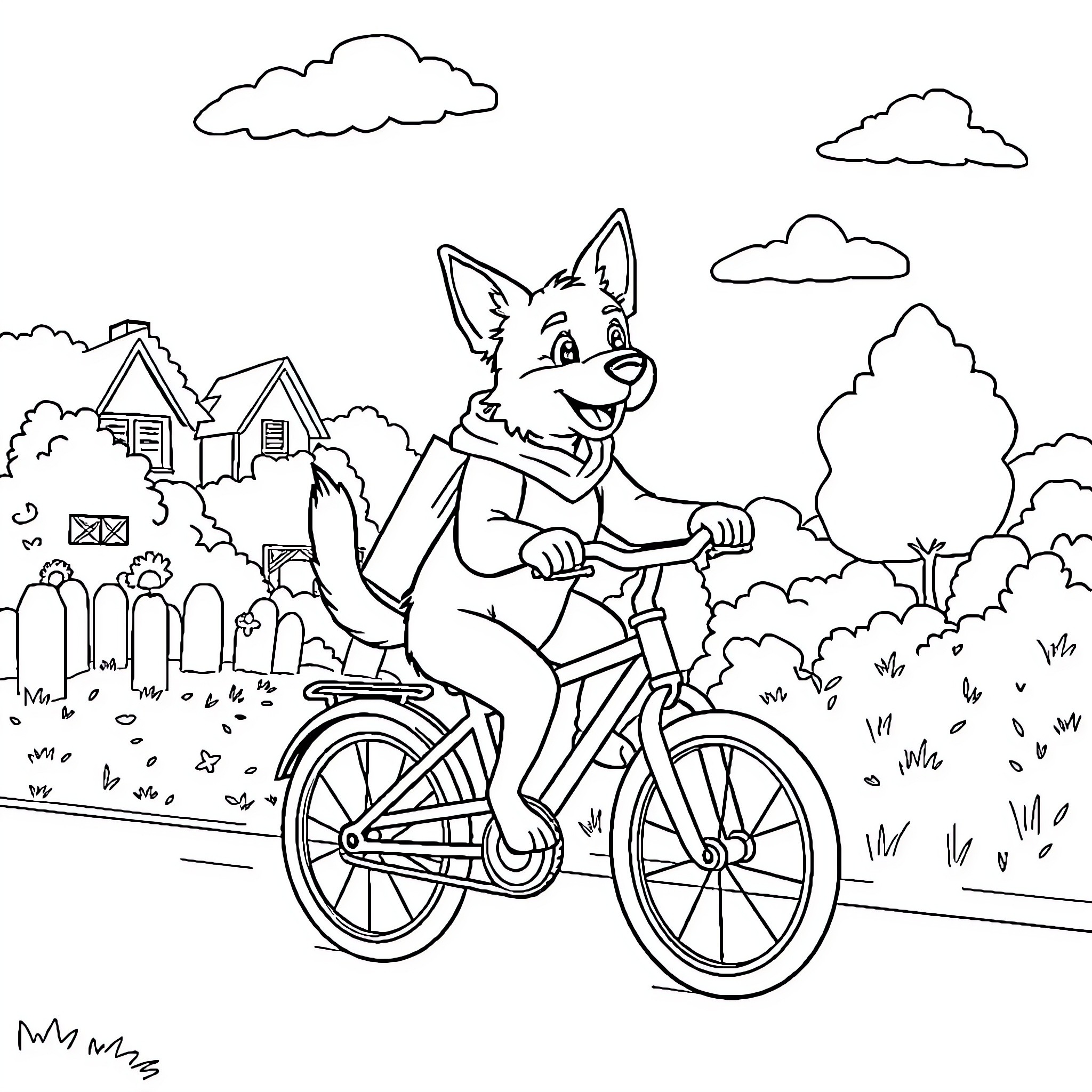 Dog riding bicycle in a neighborhood scene Coloring Page (free black-and-white line drawing printable PDF for all, from beginners to advanced learners, including children, teens, adults, and seniors)
