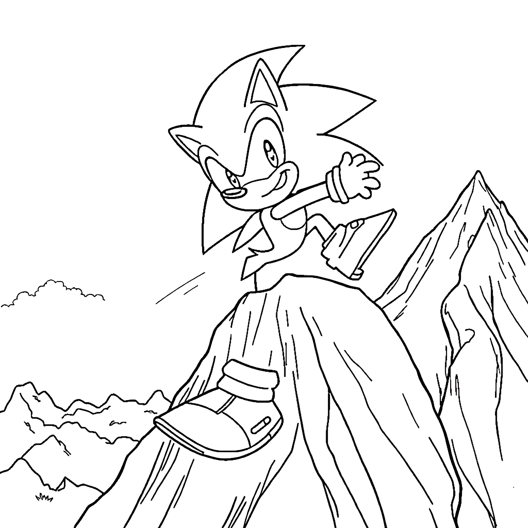 Sonic's Adventurous Excursion in the Mountains Coloring Page (free black-and-white line drawing printable PDF for all, from beginners to advanced learners, including children, teens, adults, and seniors)