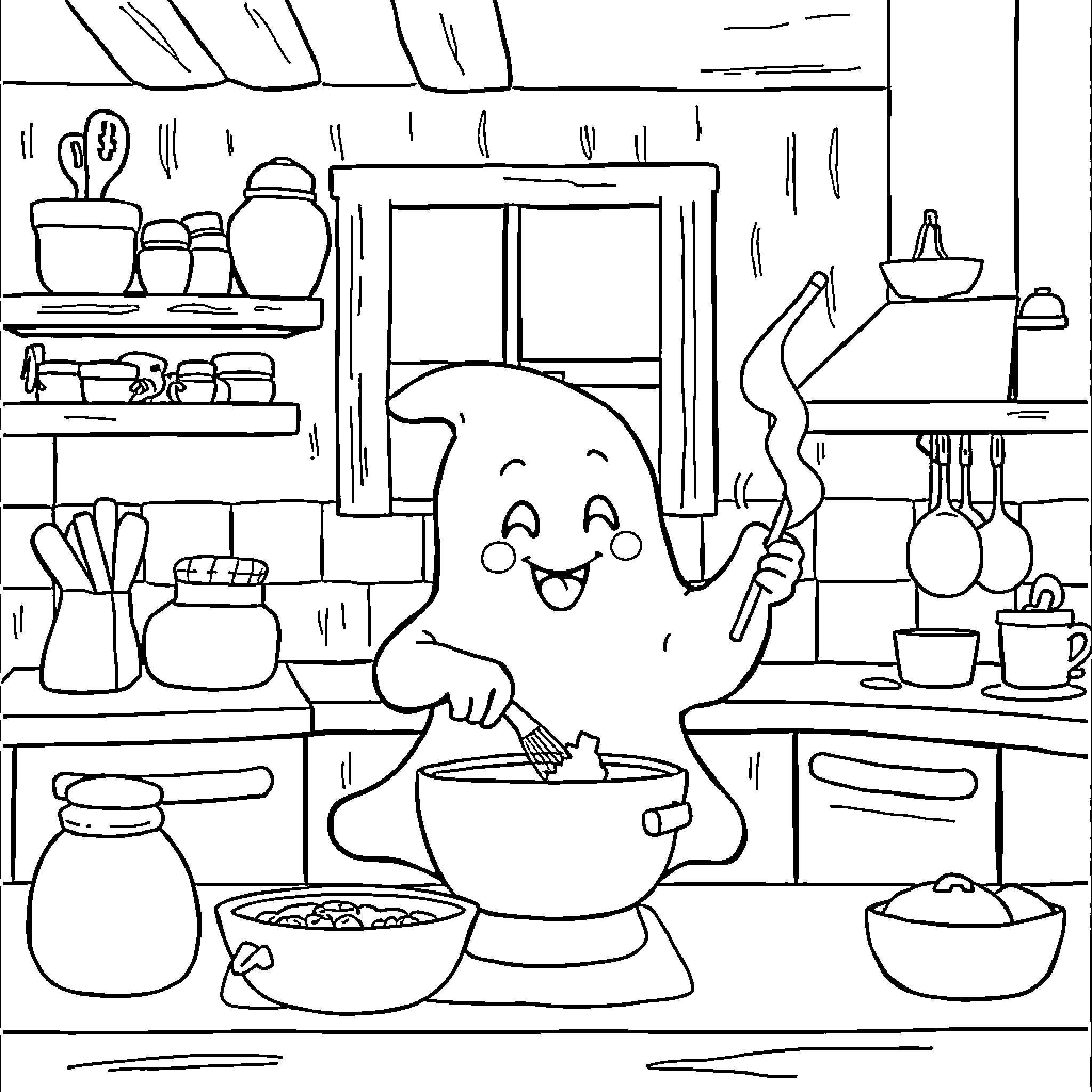 Ghost cooking happily in the kitchen Coloring Page (free black-and-white line drawing printable PDF for all, from beginners to advanced learners, including children, teens, adults, and seniors)