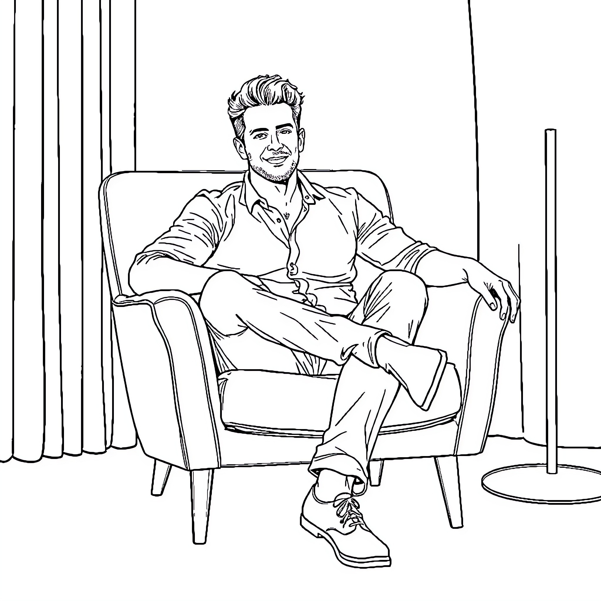 Justin Hartley portrayed in an intimate setting Coloring Page (free black-and-white line drawing printable PDF for all, from beginners to advanced learners, including children, teens, adults, and seniors)