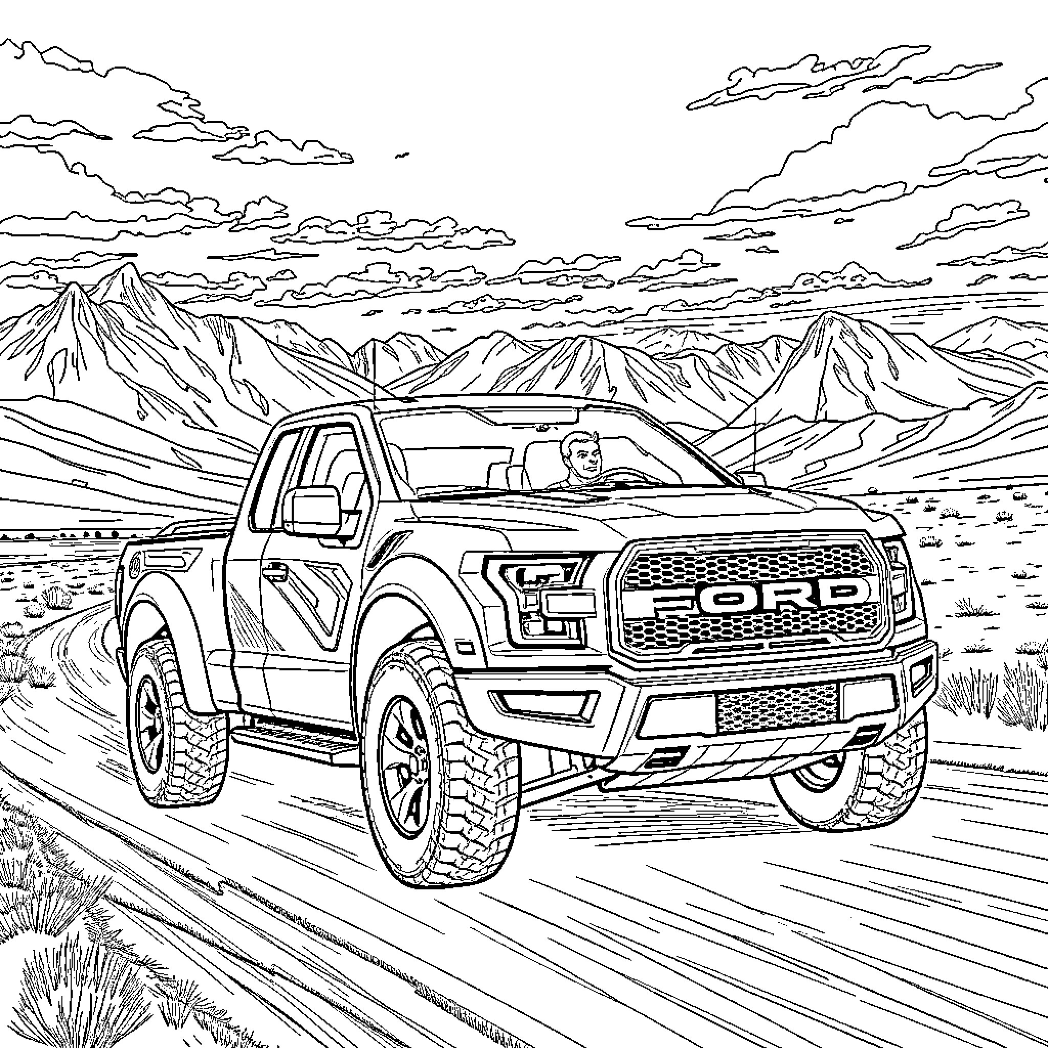 Superman drives rugged truck through mountainous terrain Coloring Page (free black-and-white line drawing printable PDF for all, from beginners to advanced learners, including children, teens, adults, and seniors)