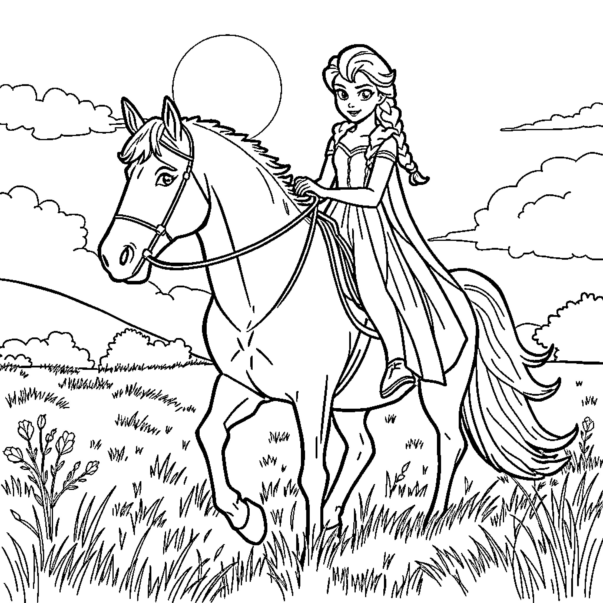 Elsa Riding a Horse in the Meadow Coloring Page (free black-and-white line drawing printable PDF for all, from beginners to advanced learners, including children, teens, adults, and seniors)