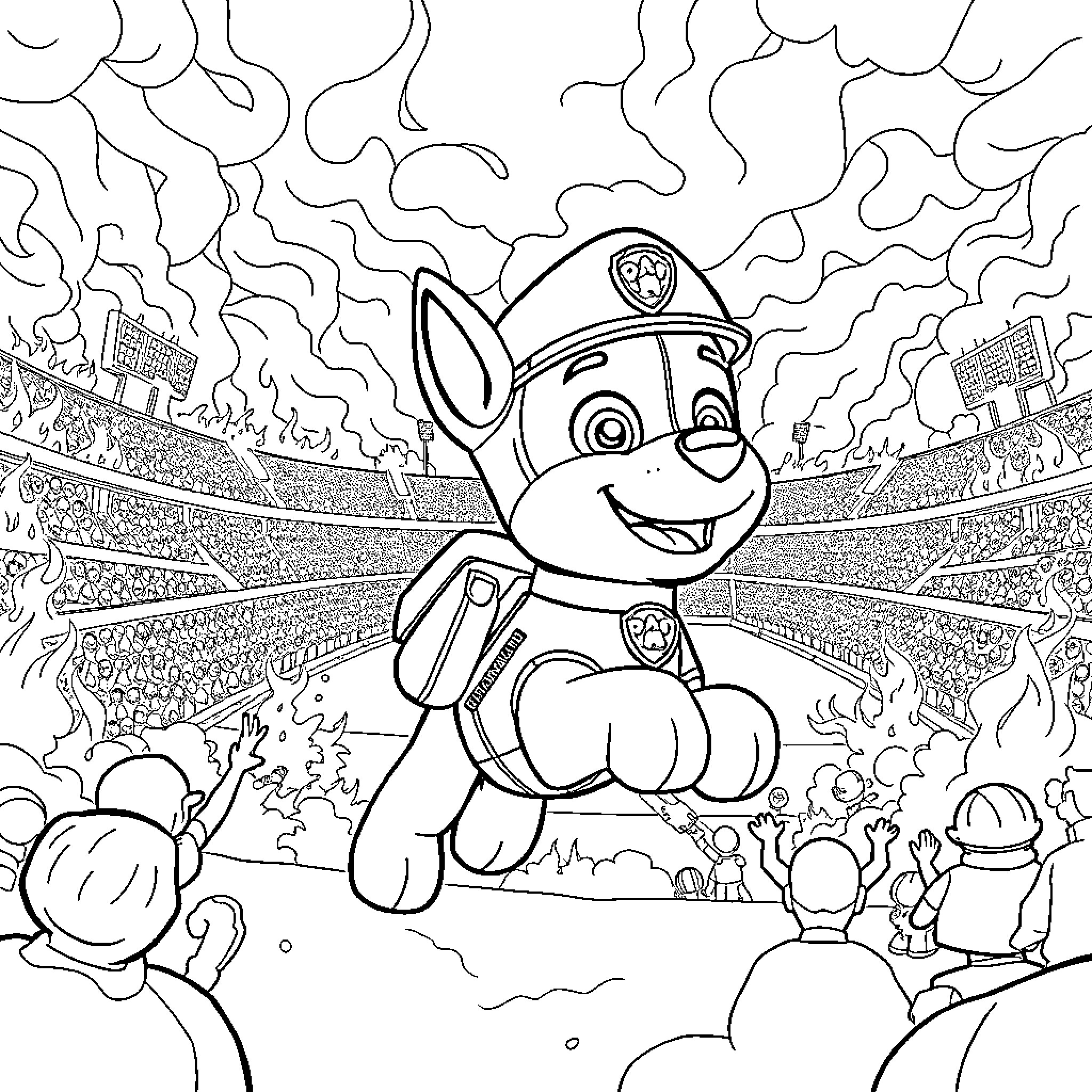 Paw Patrol character in action-packed rescue scene Coloring Page (free black-and-white line drawing printable PDF for all, from beginners to advanced learners, including children, teens, adults, and seniors)