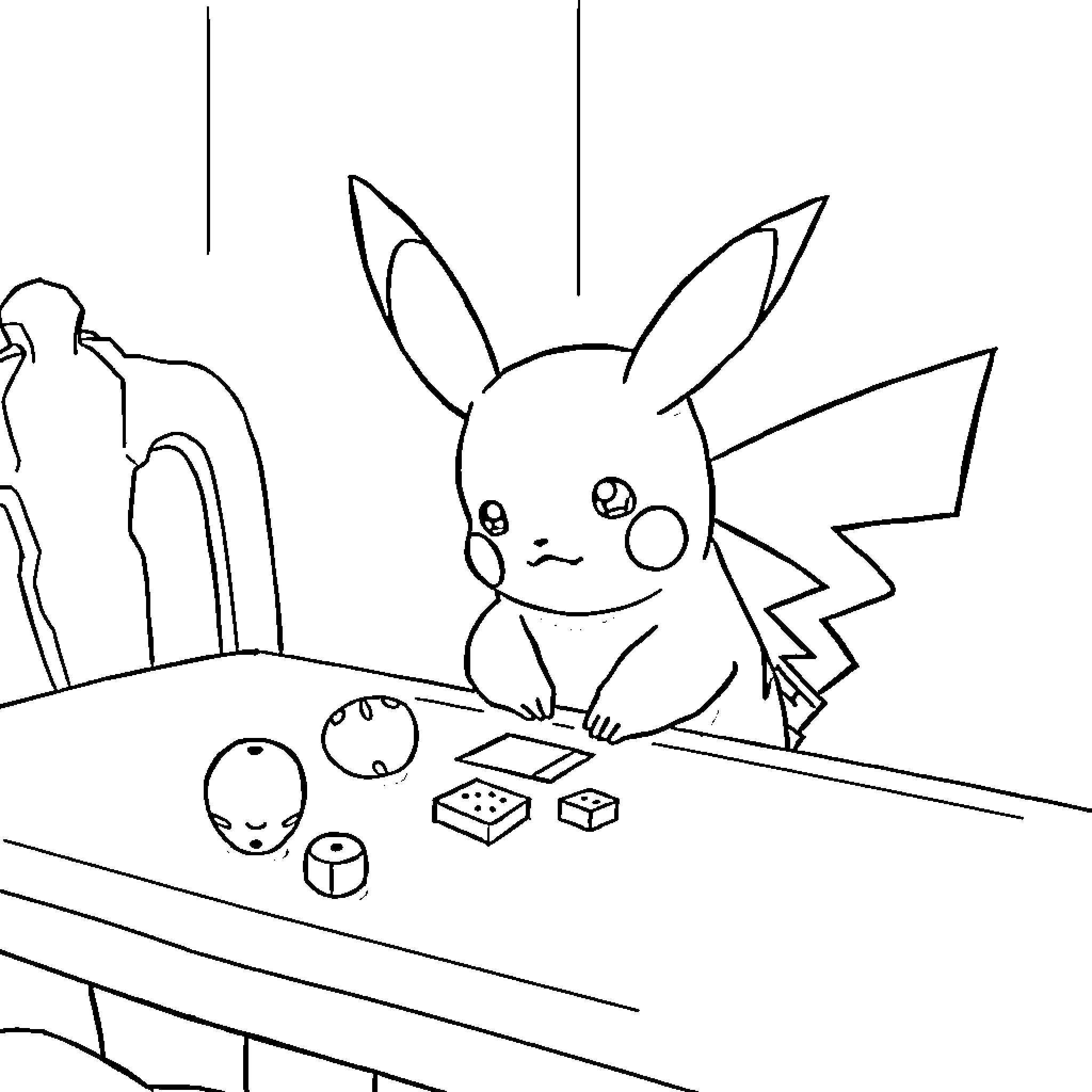 Pikachu playing with toys in a room Coloring Page (free black-and-white line drawing printable PDF for all, from beginners to advanced learners, including children, teens, adults, and seniors)