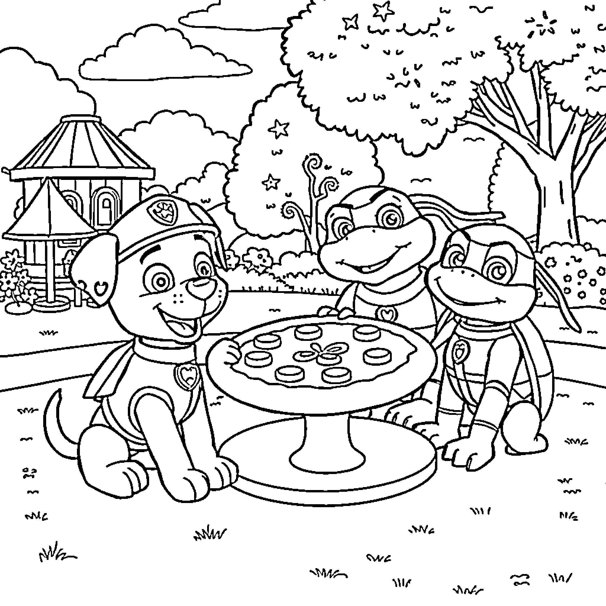 Paw Patrol Pups Enjoying a Picnic in the Park Coloring Page (free black-and-white line drawing printable PDF for all, from beginners to advanced learners, including children, teens, adults, and seniors)