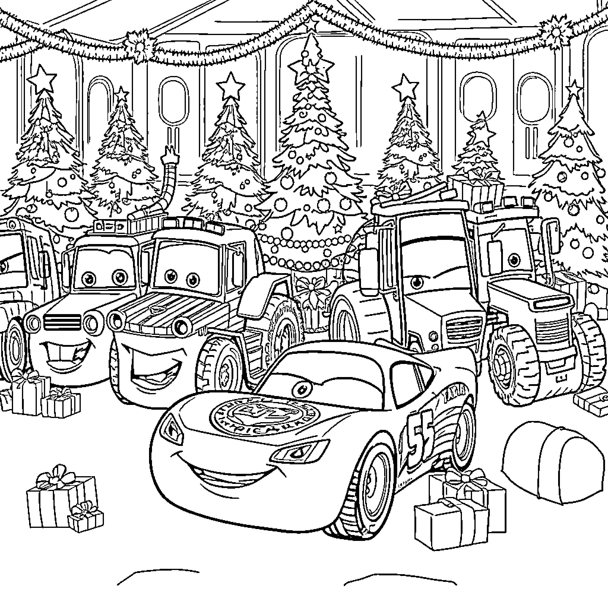 Cars celebrating Christmas in winter wonderland Coloring Page (free black-and-white line drawing printable PDF for all, from beginners to advanced learners, including children, teens, adults, and seniors)