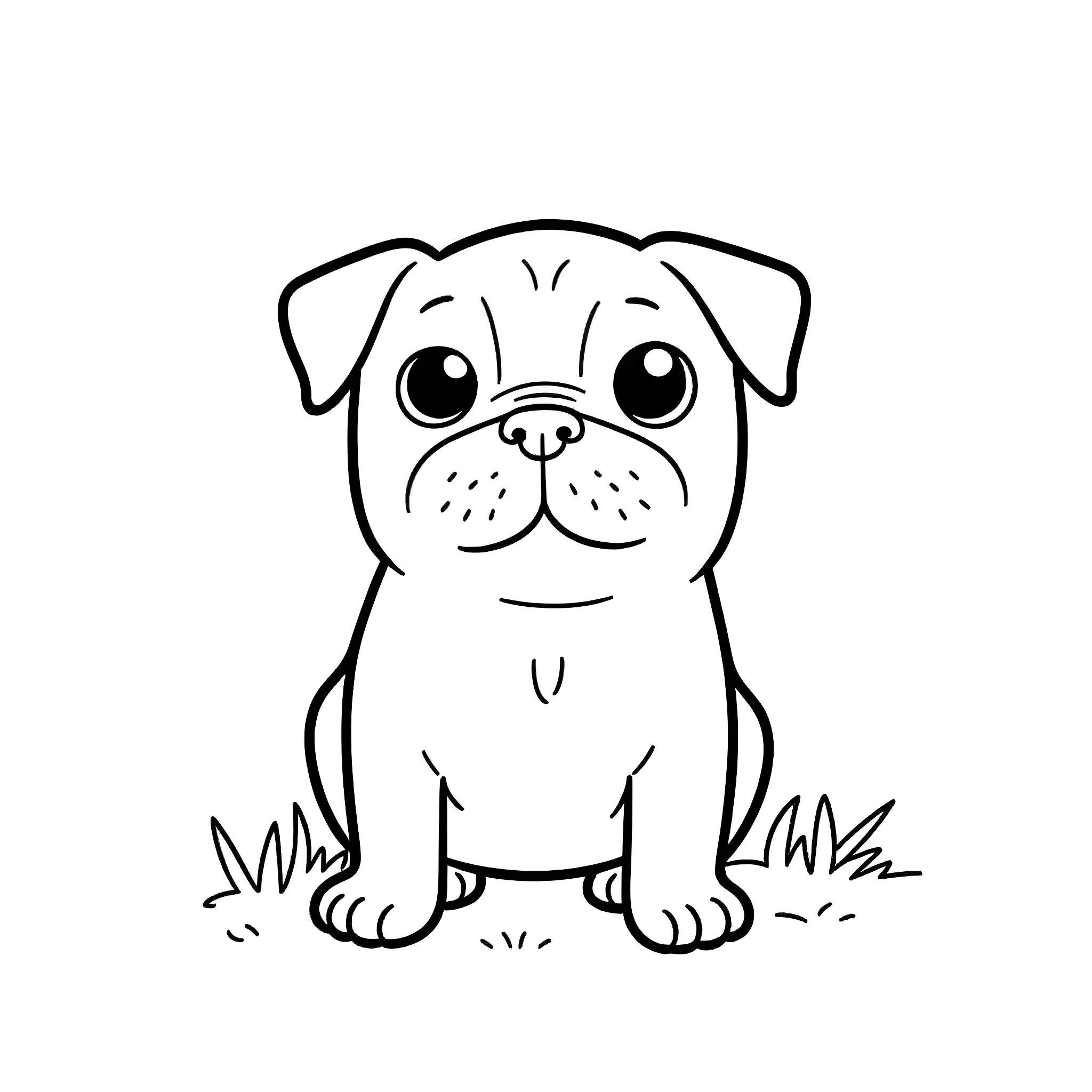 Pug puppy with big eyes looking curious Coloring Page (free black-and-white line drawing printable PDF for all, from beginners to advanced learners, including children, teens, adults, and seniors)