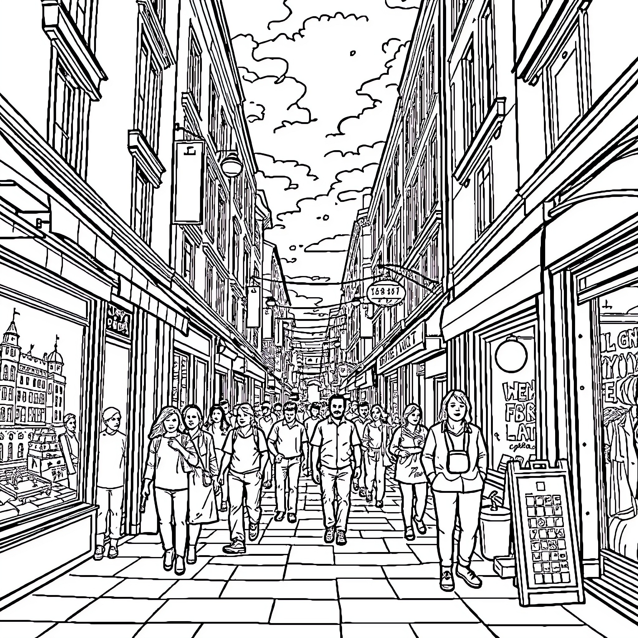 Rue of Lively Crowds and Bustling Shops Coloring Page (free black-and-white line drawing printable PDF for all, from beginners to advanced learners, including children, teens, adults, and seniors)
