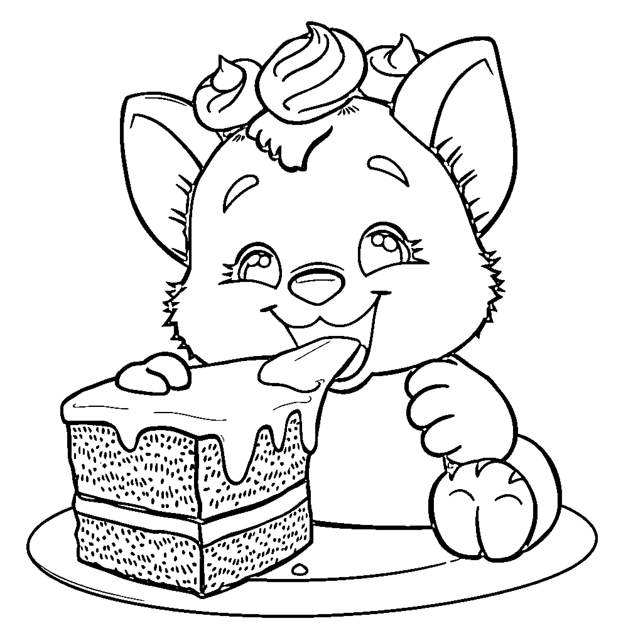 Bluey enjoying a delicious cake Coloring Page (free black-and-white line drawing printable PDF for all, from beginners to advanced learners, including children, teens, adults, and seniors)