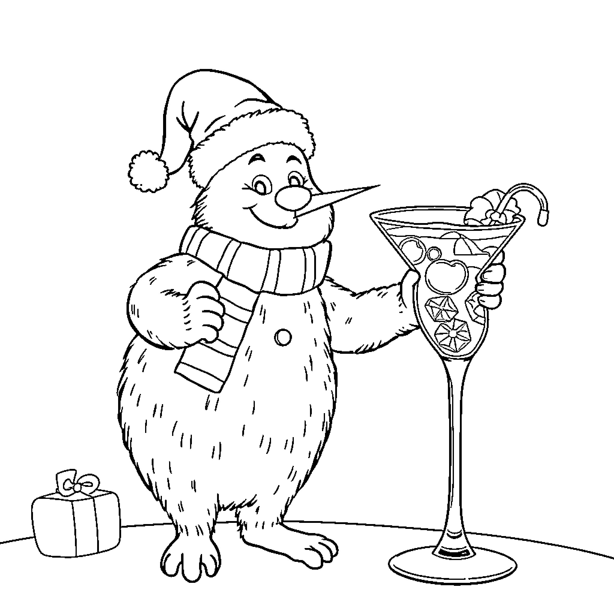 Weihnachtswichtel enjoying a festive drink Coloring Page (free black-and-white line drawing printable PDF for all, from beginners to advanced learners, including children, teens, adults, and seniors)