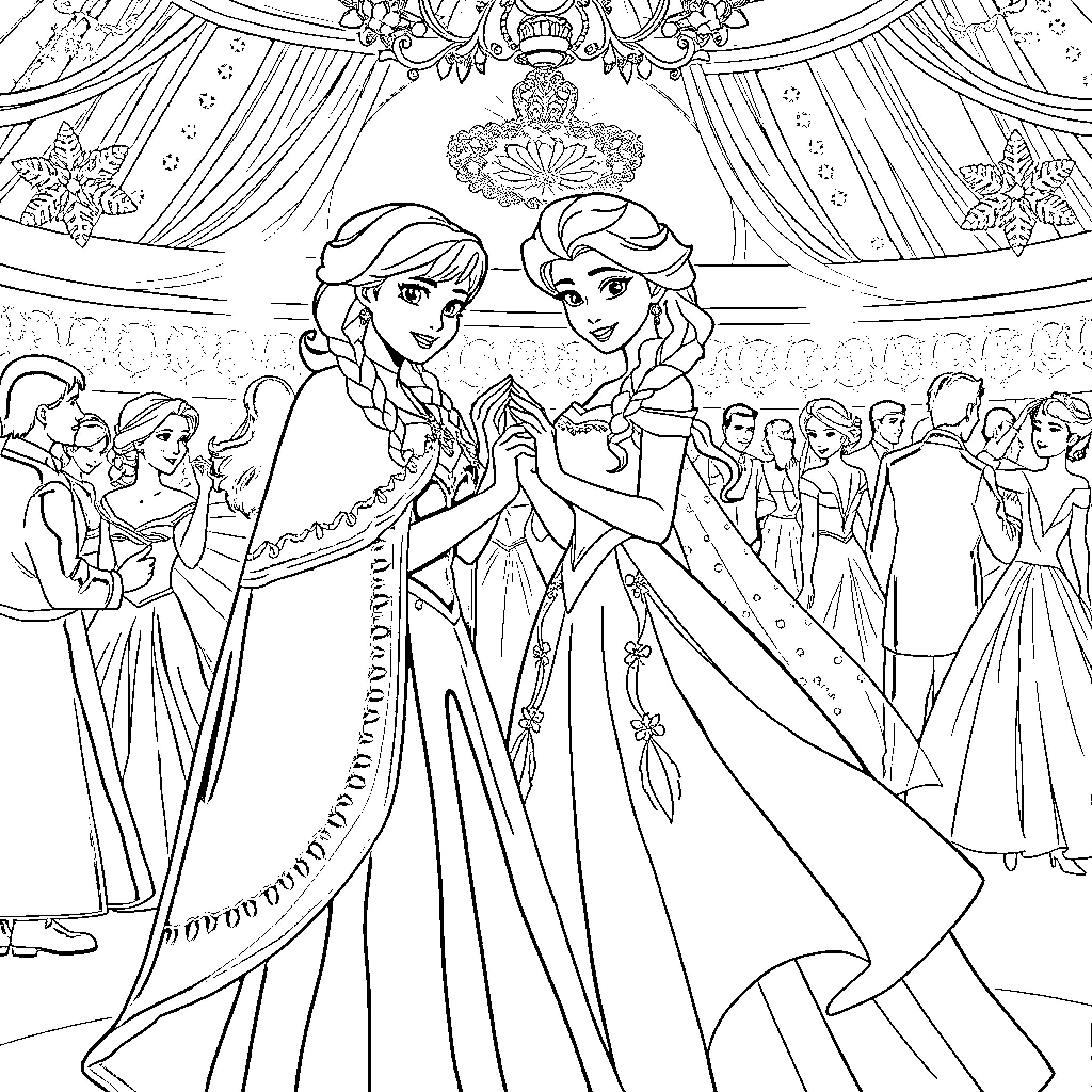 Princess Sisters' Elegant Celebration Ball Coloring Page (free black-and-white line drawing printable PDF for all, from beginners to advanced learners, including children, teens, adults, and seniors)