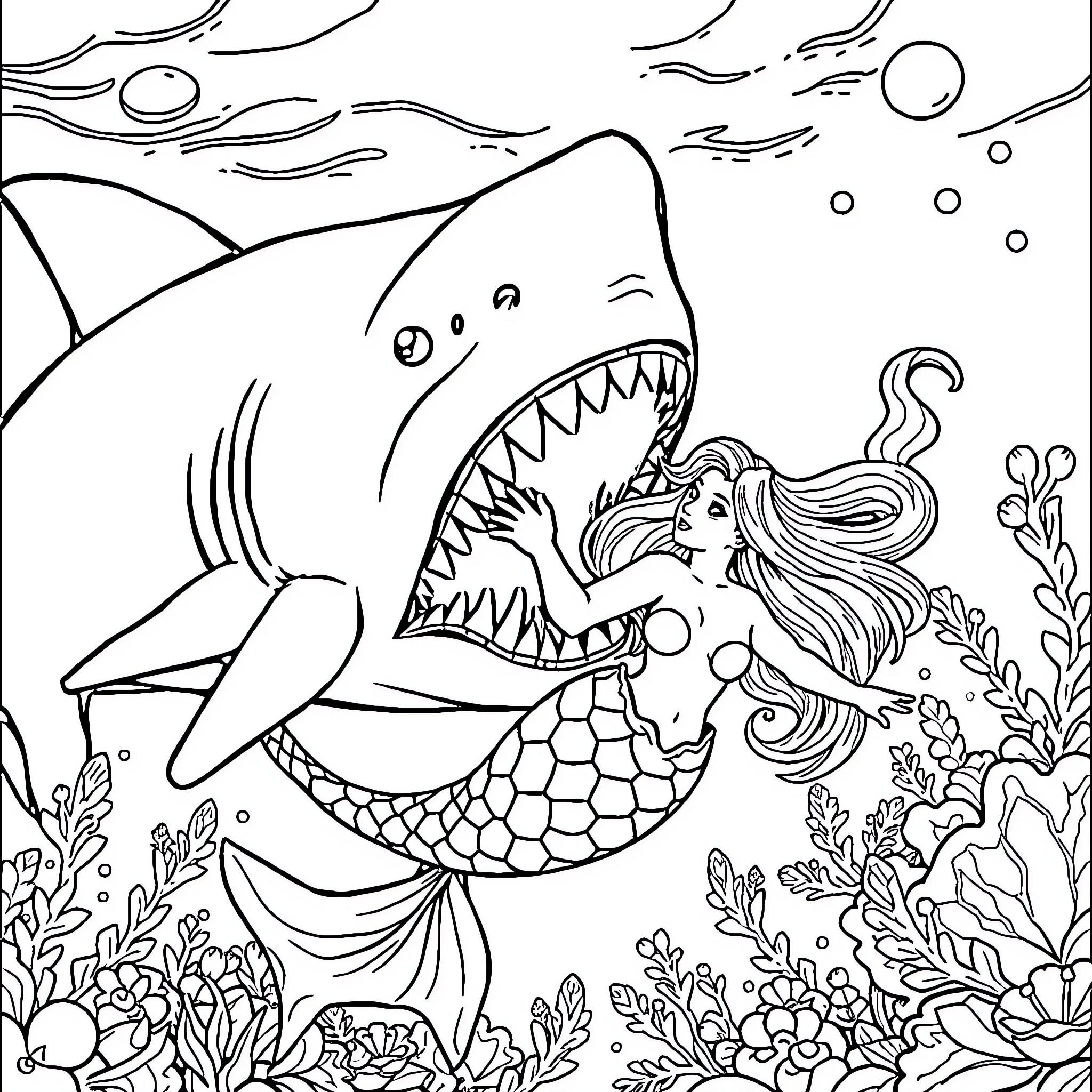 Shark swimming near a mermaid in the ocean Coloring Page (free black-and-white line drawing printable PDF for all, from beginners to advanced learners, including children, teens, adults, and seniors)