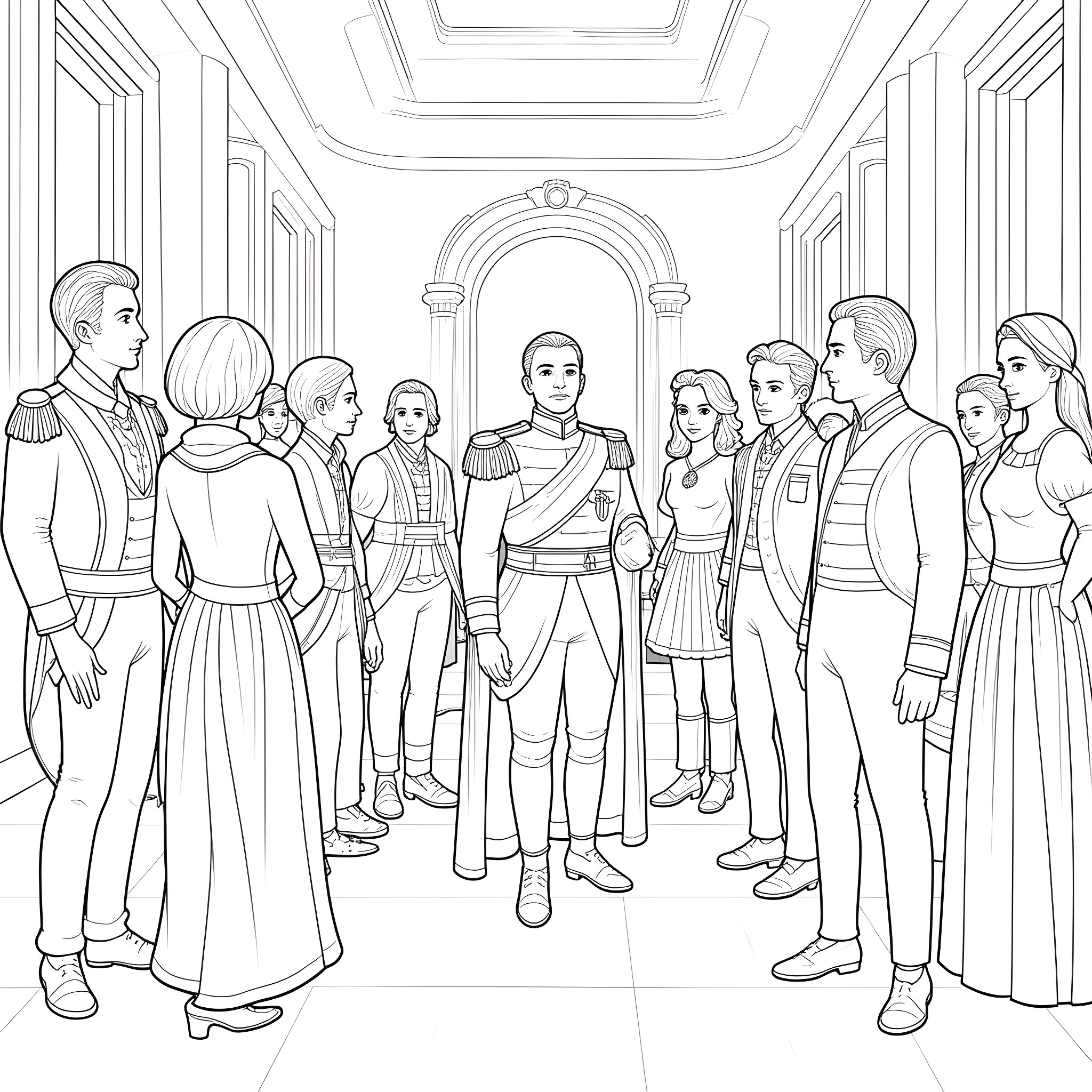 Napoleon and his army in a grand palace hall Coloring Page (free black-and-white line drawing printable PDF for all, from beginners to advanced learners, including children, teens, adults, and seniors)