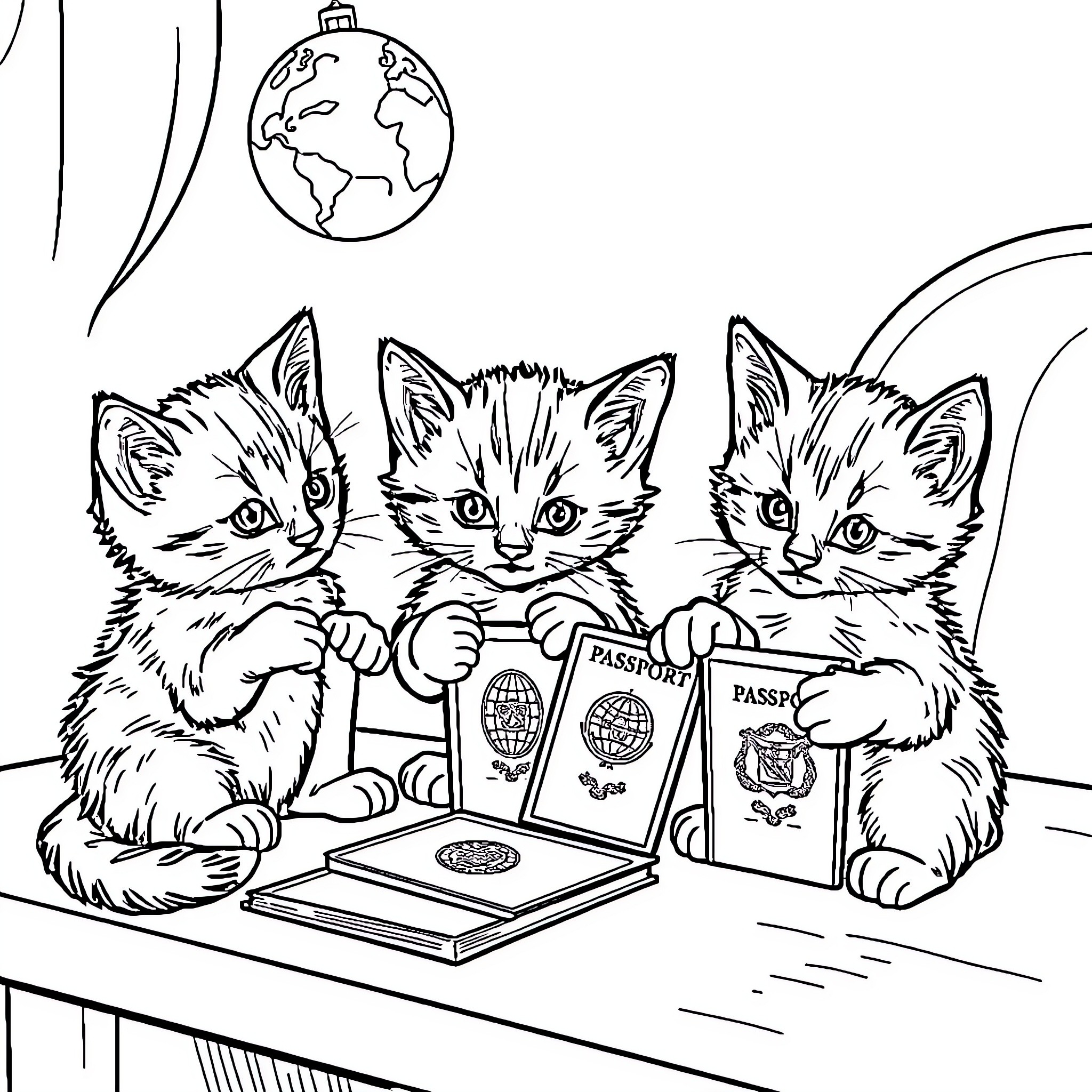 Kittens Preparing for International Travel Coloring Page (free black-and-white line drawing printable PDF for all, from beginners to advanced learners, including children, teens, adults, and seniors)