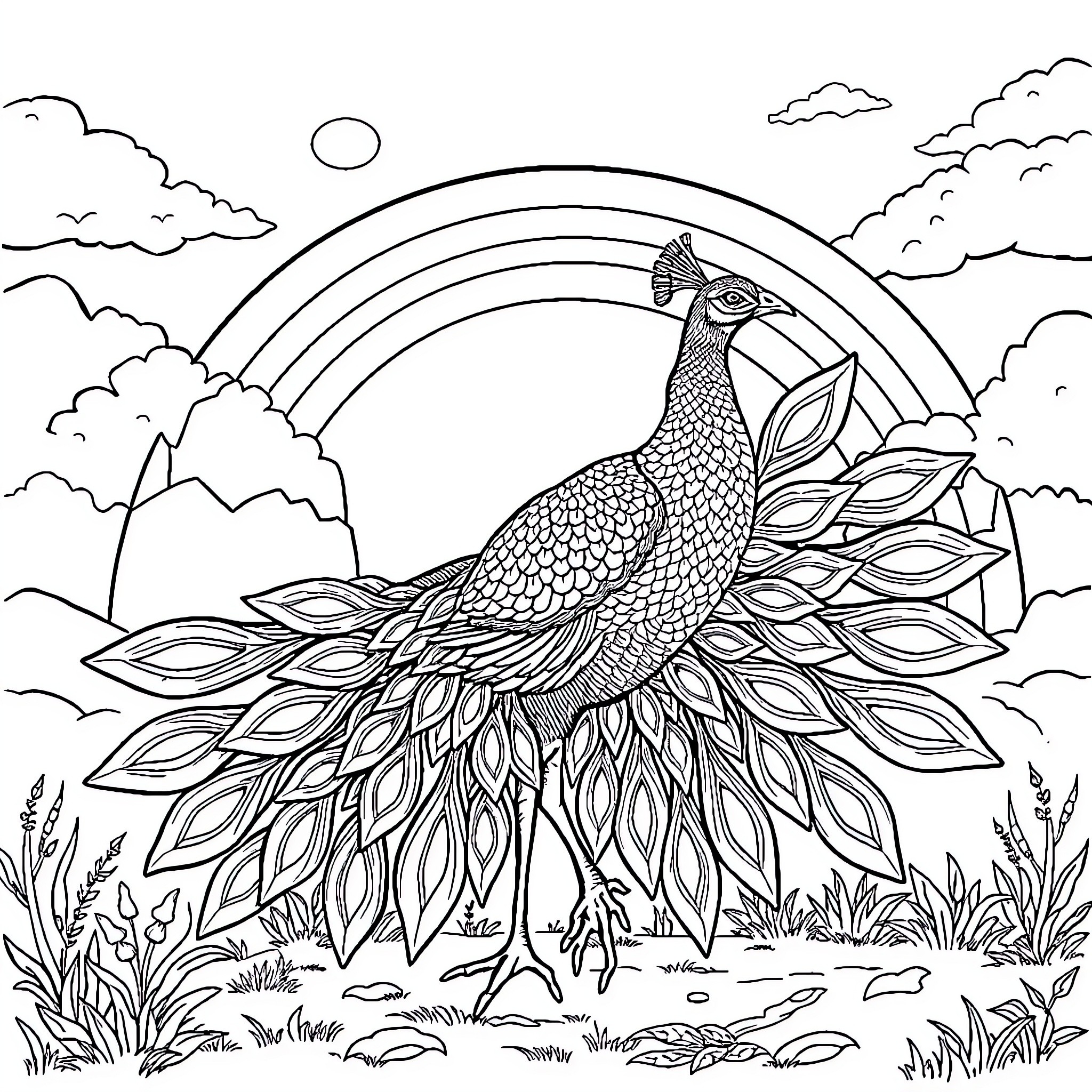 Peacock in a Vibrant Landscape Coloring Page (free black-and-white line drawing printable PDF for all, from beginners to advanced learners, including children, teens, adults, and seniors)