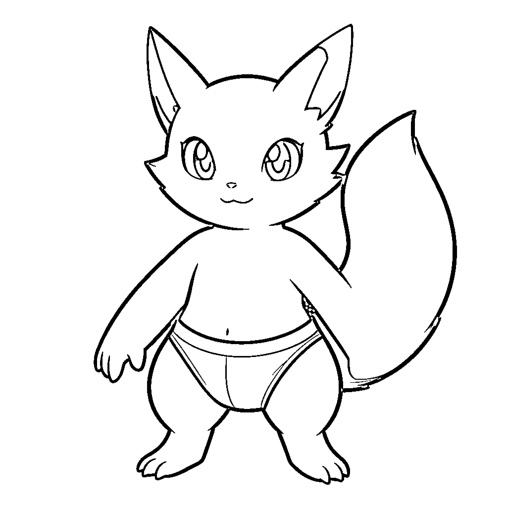 Dracaufeu standing and smiling in small undergarments Coloring Page (free black-and-white line drawing printable PDF for all, from beginners to advanced learners, including children, teens, adults, and seniors)