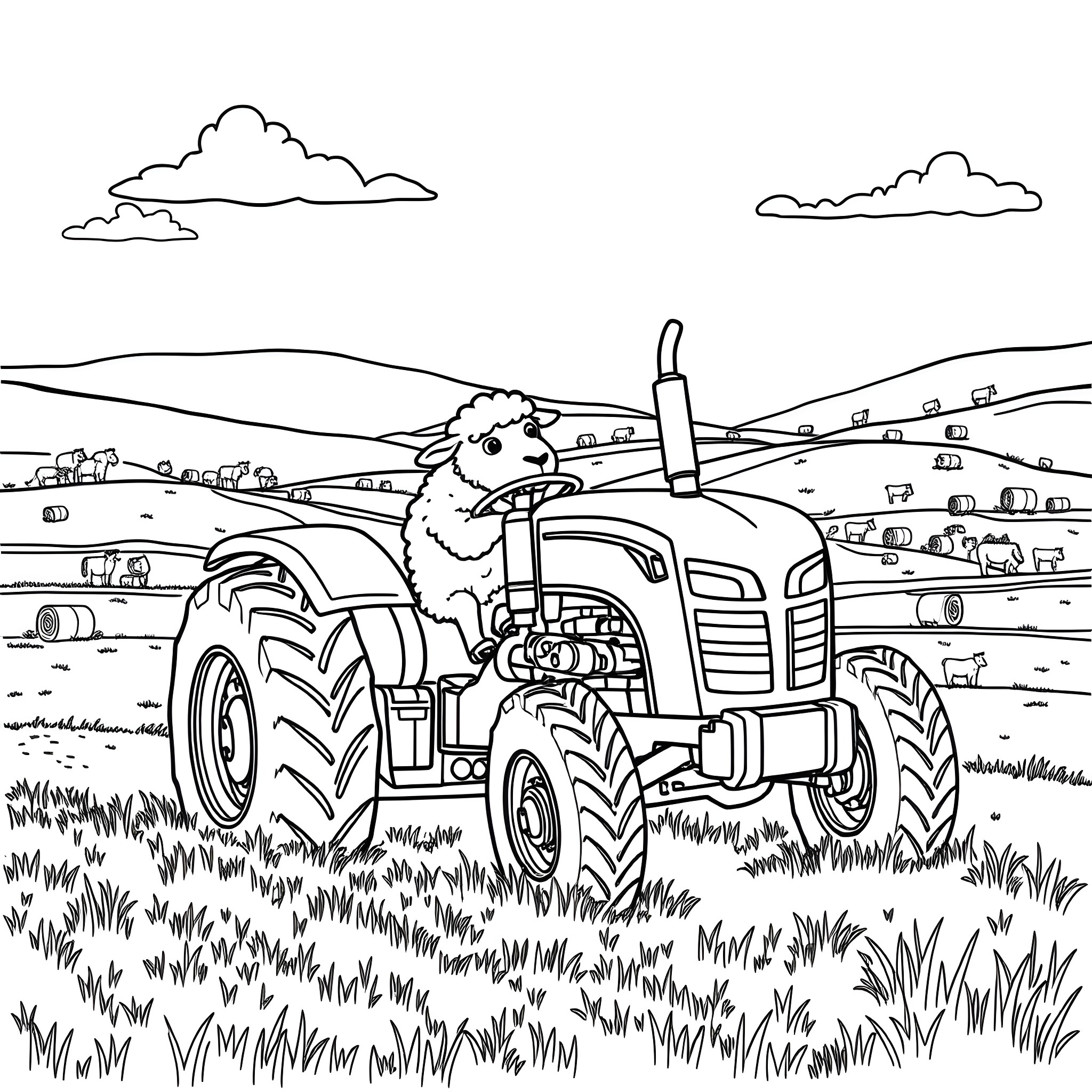 Sheep Farming with Tractor in Rural Countryside Coloring Page (free black-and-white line drawing printable PDF for all, from beginners to advanced learners, including children, teens, adults, and seniors)