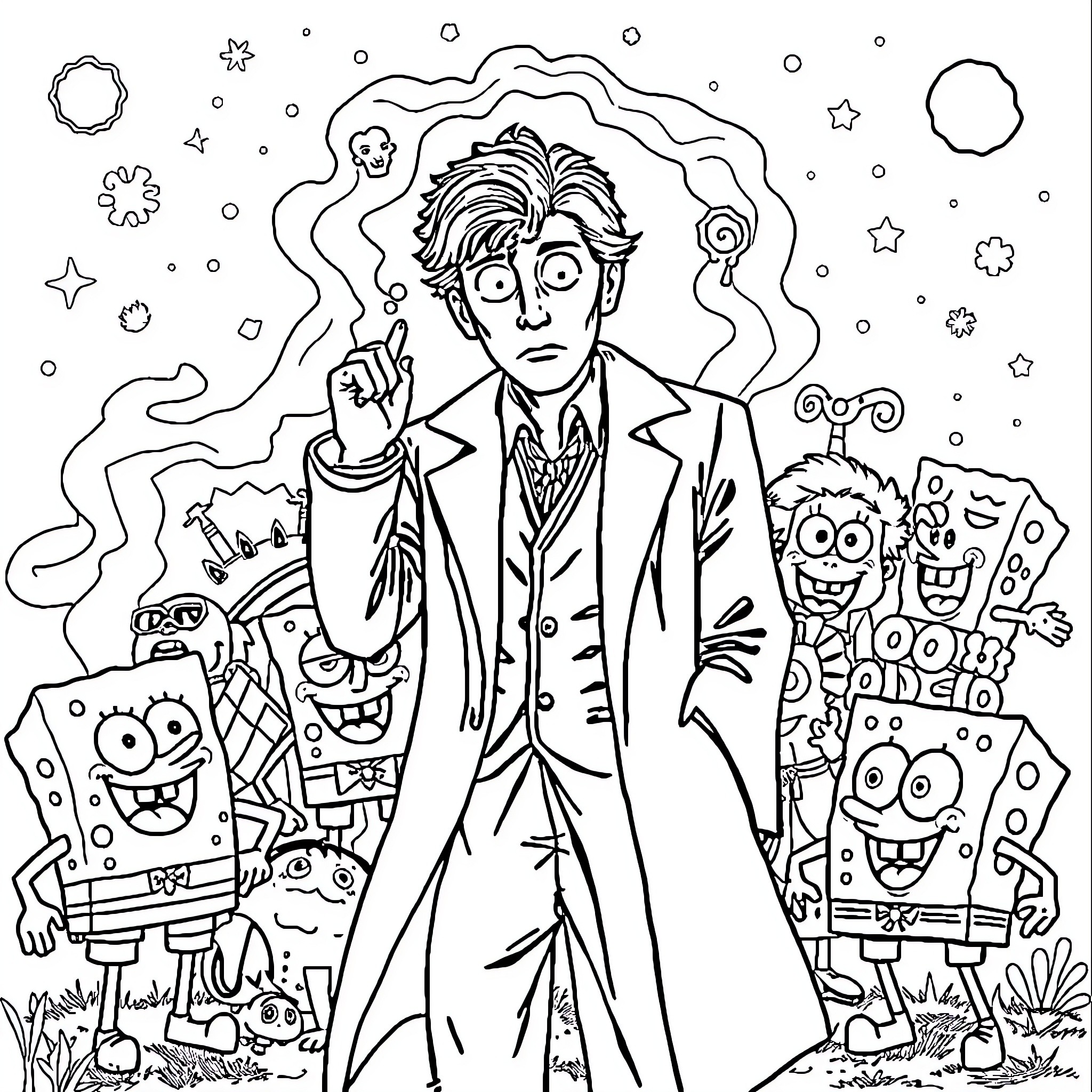 Doctor amid whimsical creatures in a fantastical scene Coloring Page (free black-and-white line drawing printable PDF for all, from beginners to advanced learners, including children, teens, adults, and seniors)