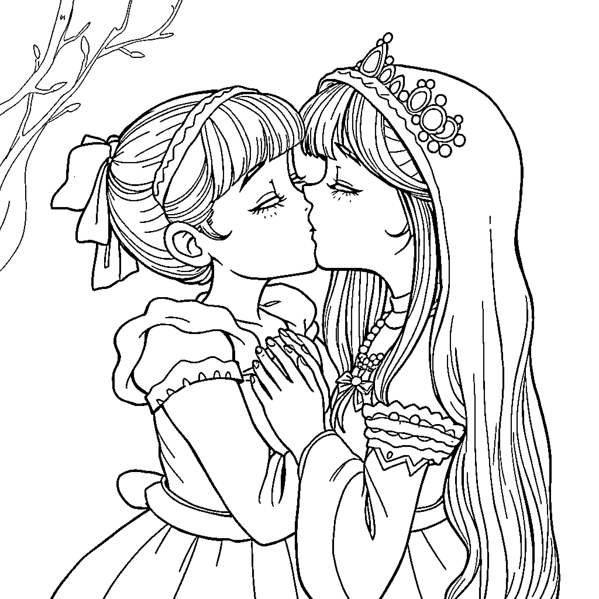 Wednesday Fairytale Princess Moment Coloring Page (free black-and-white line drawing printable PDF for all, from beginners to advanced learners, including children, teens, adults, and seniors)