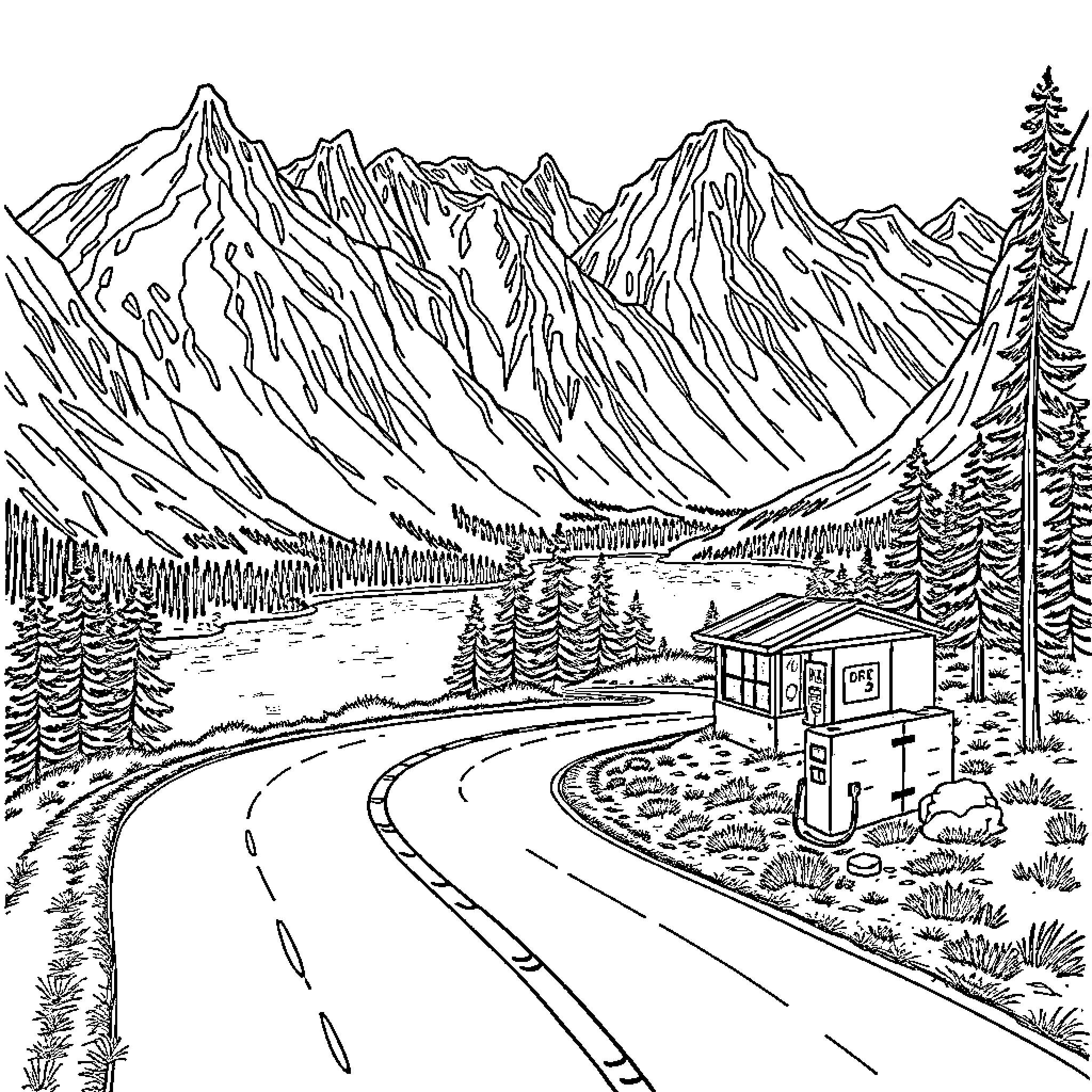 Road through Rugged Mountain Landscape Coloring Page (free black-and-white line drawing printable PDF for all, from beginners to advanced learners, including children, teens, adults, and seniors)