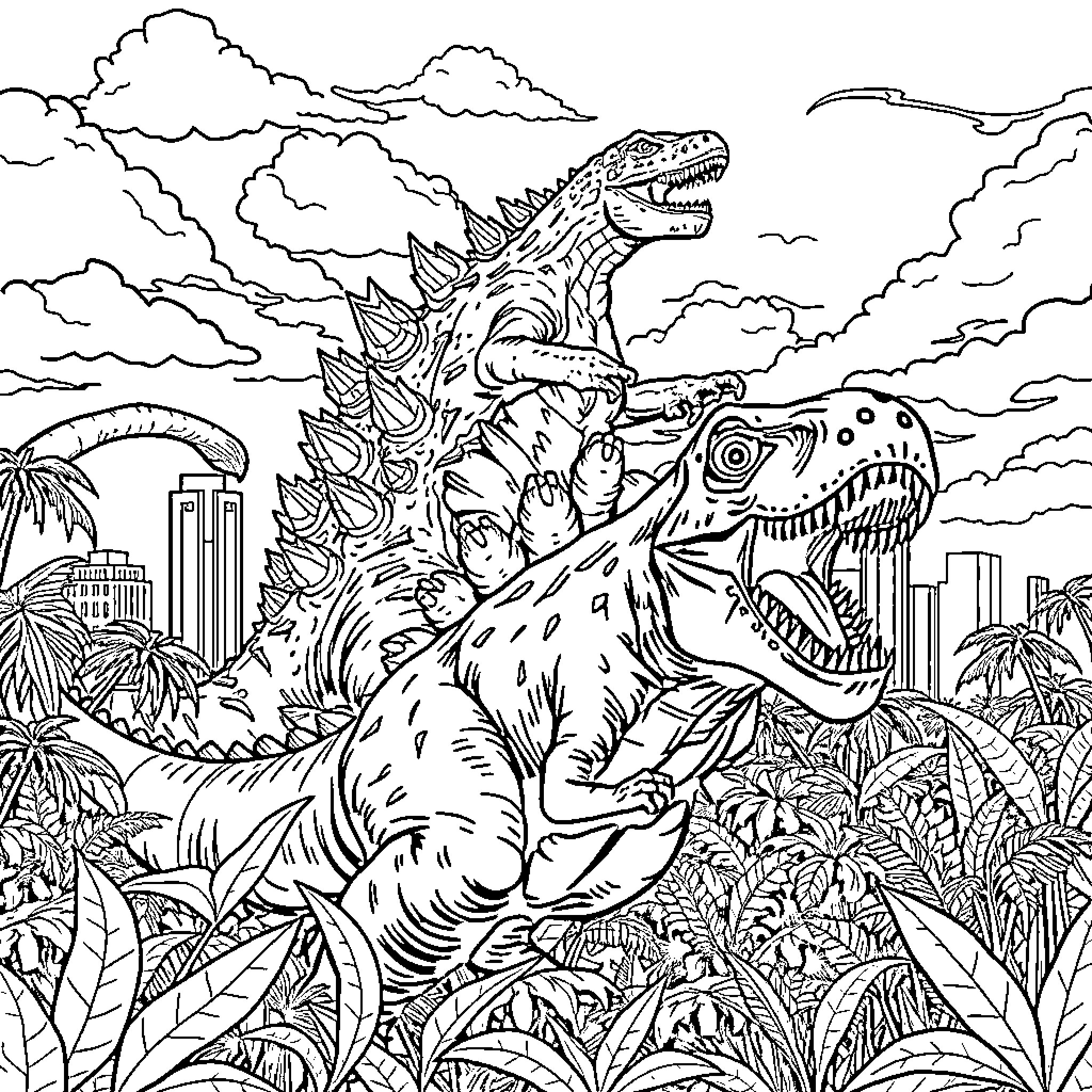 Dinosaurs rampaging through the city Coloring Page (free black-and-white line drawing printable PDF for all, from beginners to advanced learners, including children, teens, adults, and seniors)