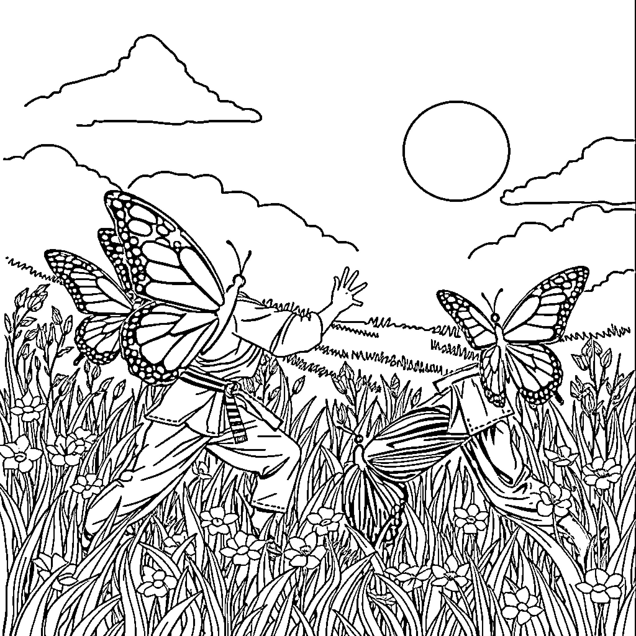 Butterfly Winged Creatures in Vibrant Meadow Coloring Page (free black-and-white line drawing printable PDF for all, from beginners to advanced learners, including children, teens, adults, and seniors)