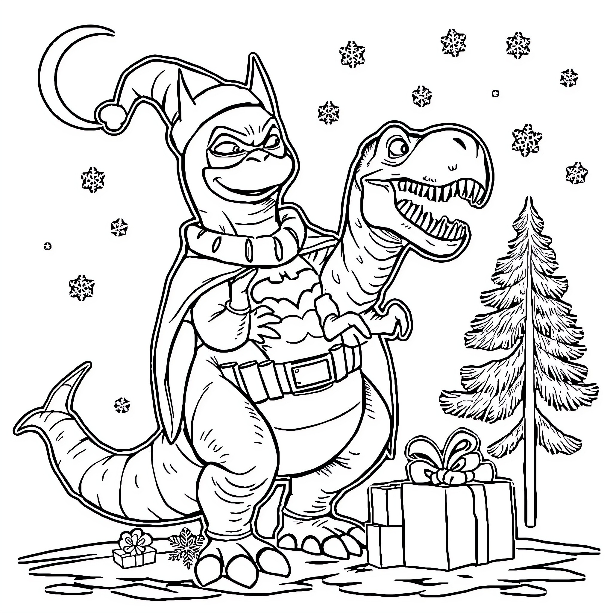 Batman and Dinosaur Enjoying Winter Wonderland Coloring Page (free black-and-white line drawing printable PDF for all, from beginners to advanced learners, including children, teens, adults, and seniors)