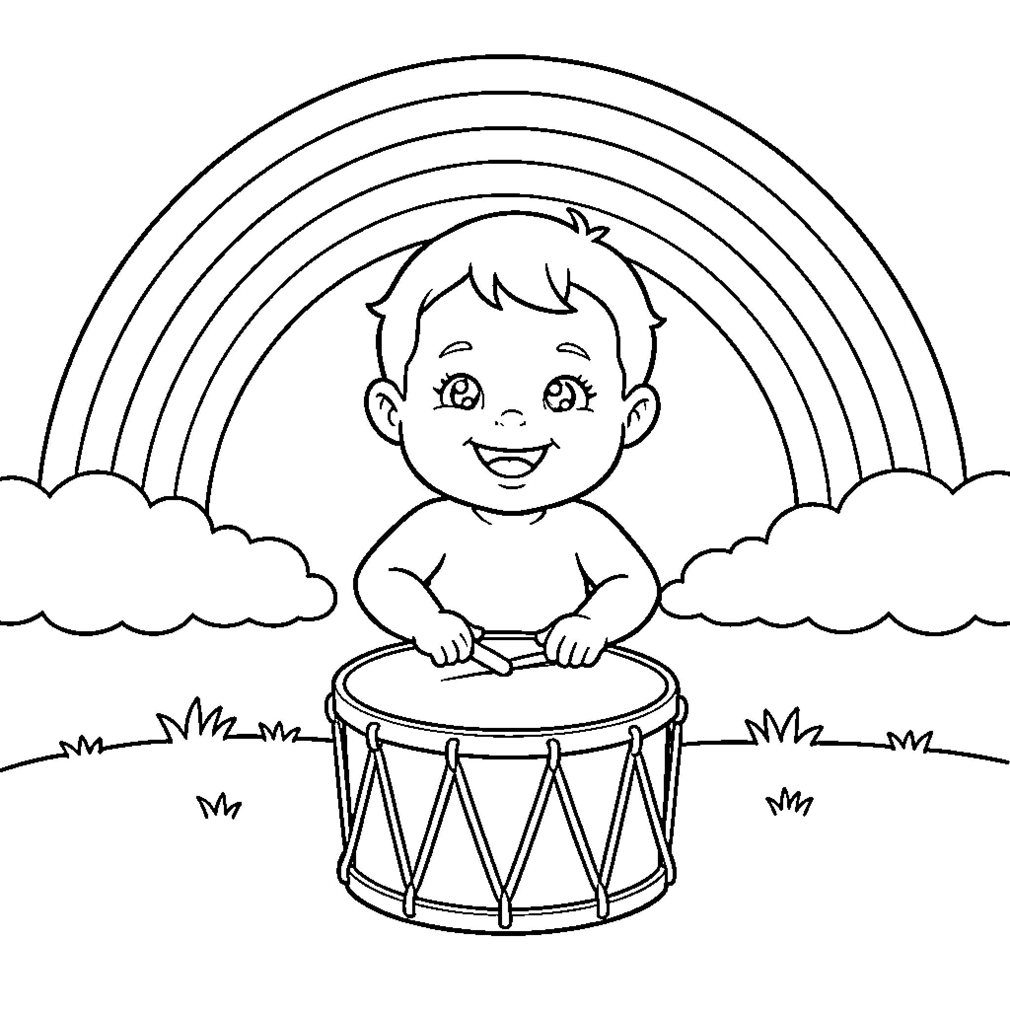 Bebe playing happily with a drum under a rainbow Coloring Page (free black-and-white line drawing printable PDF for all, from beginners to advanced learners, including children, teens, adults, and seniors)