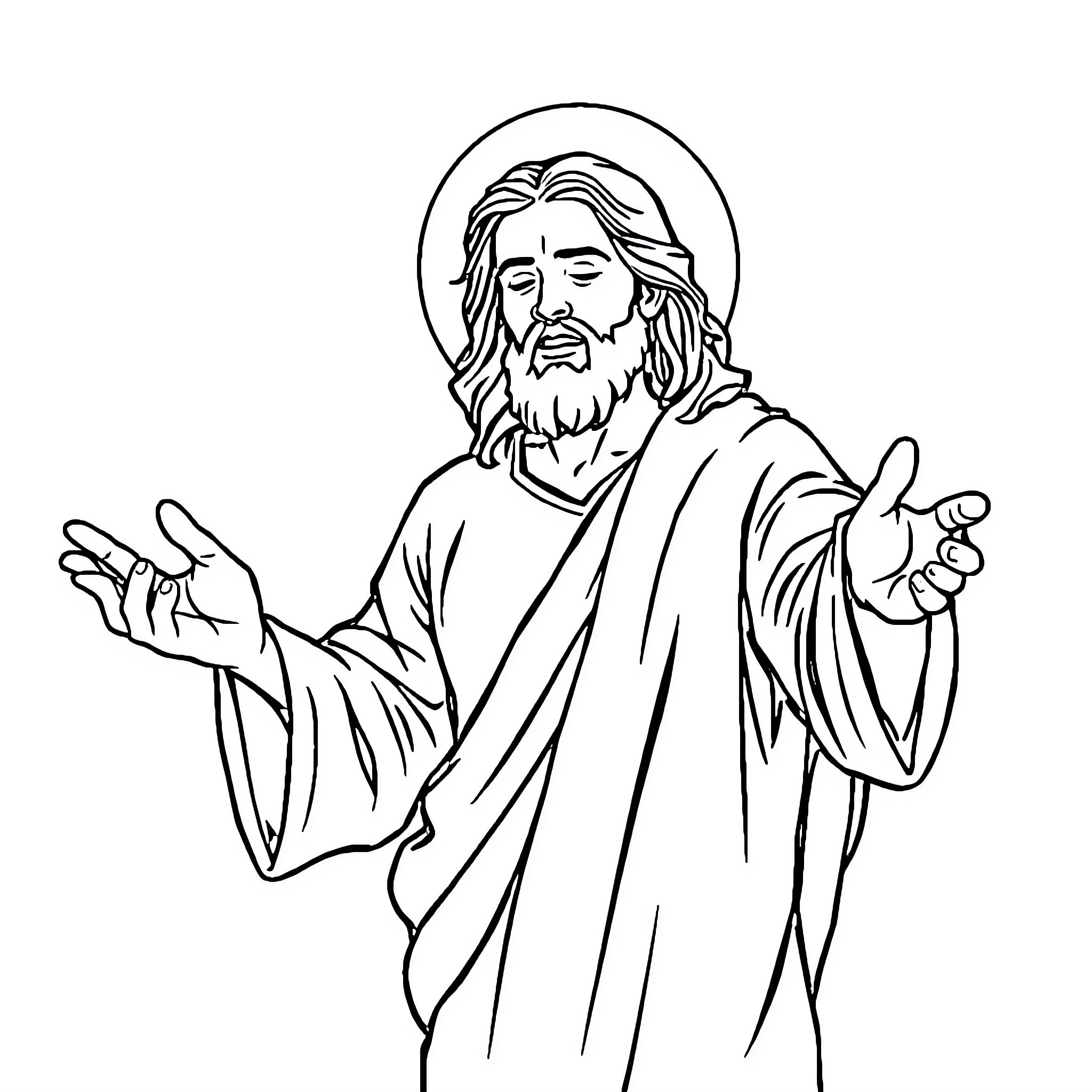 Jesus teaching with outstretched arms Coloring Page (free black-and-white line drawing printable PDF for all, from beginners to advanced learners, including children, teens, adults, and seniors)