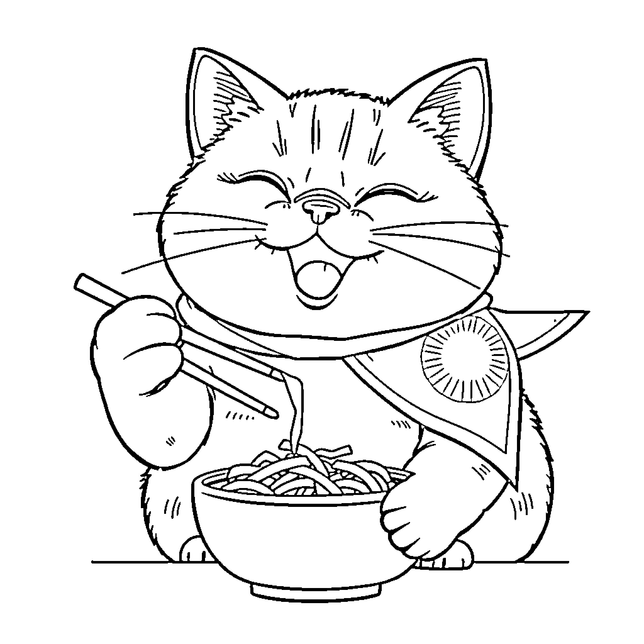 Cat enjoying a delightful bowl of food Coloring Page (free black-and-white line drawing printable PDF for all, from beginners to advanced learners, including children, teens, adults, and seniors)