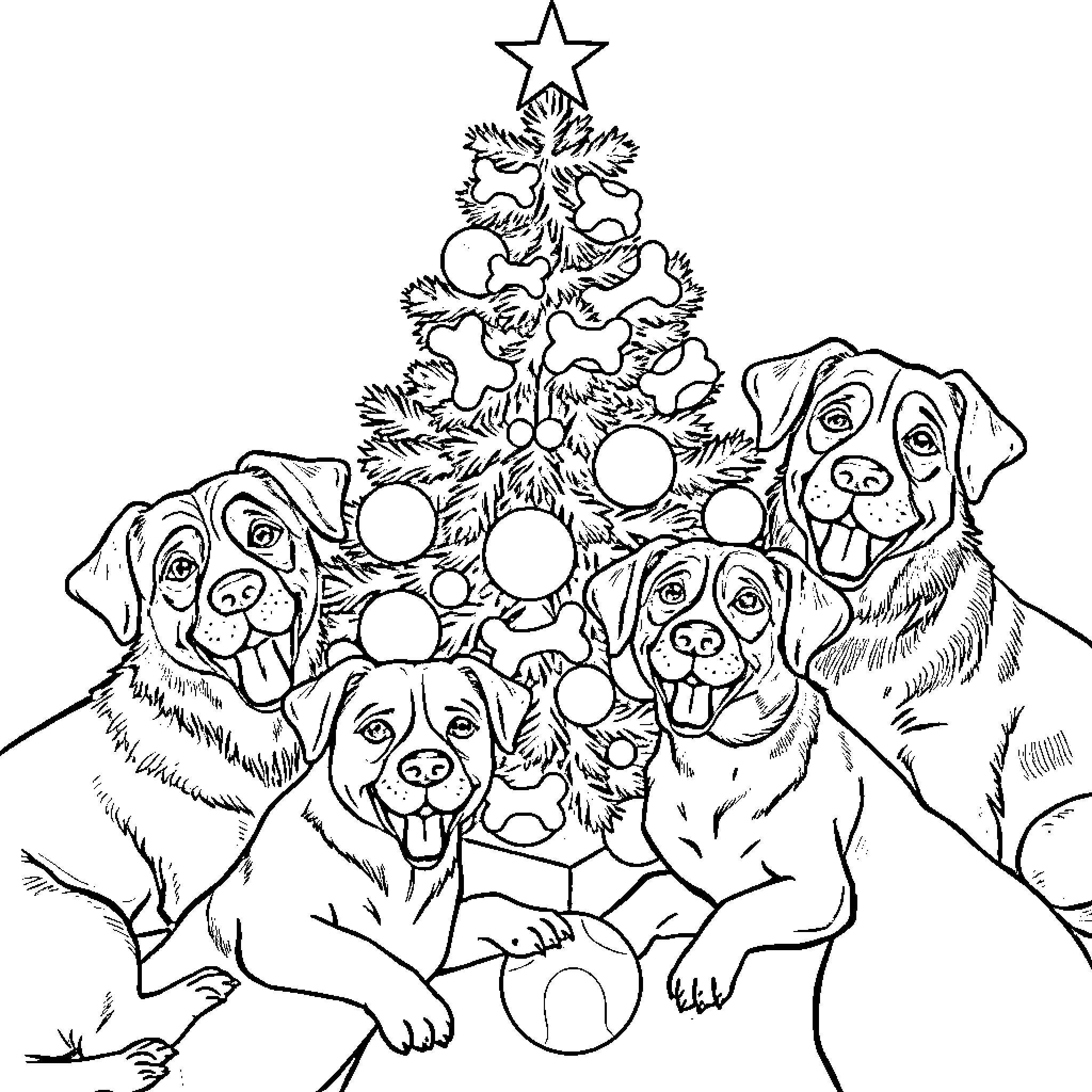 Dog pack gathered around Christmas tree Coloring Page (free black-and-white line drawing printable PDF for all, from beginners to advanced learners, including children, teens, adults, and seniors)