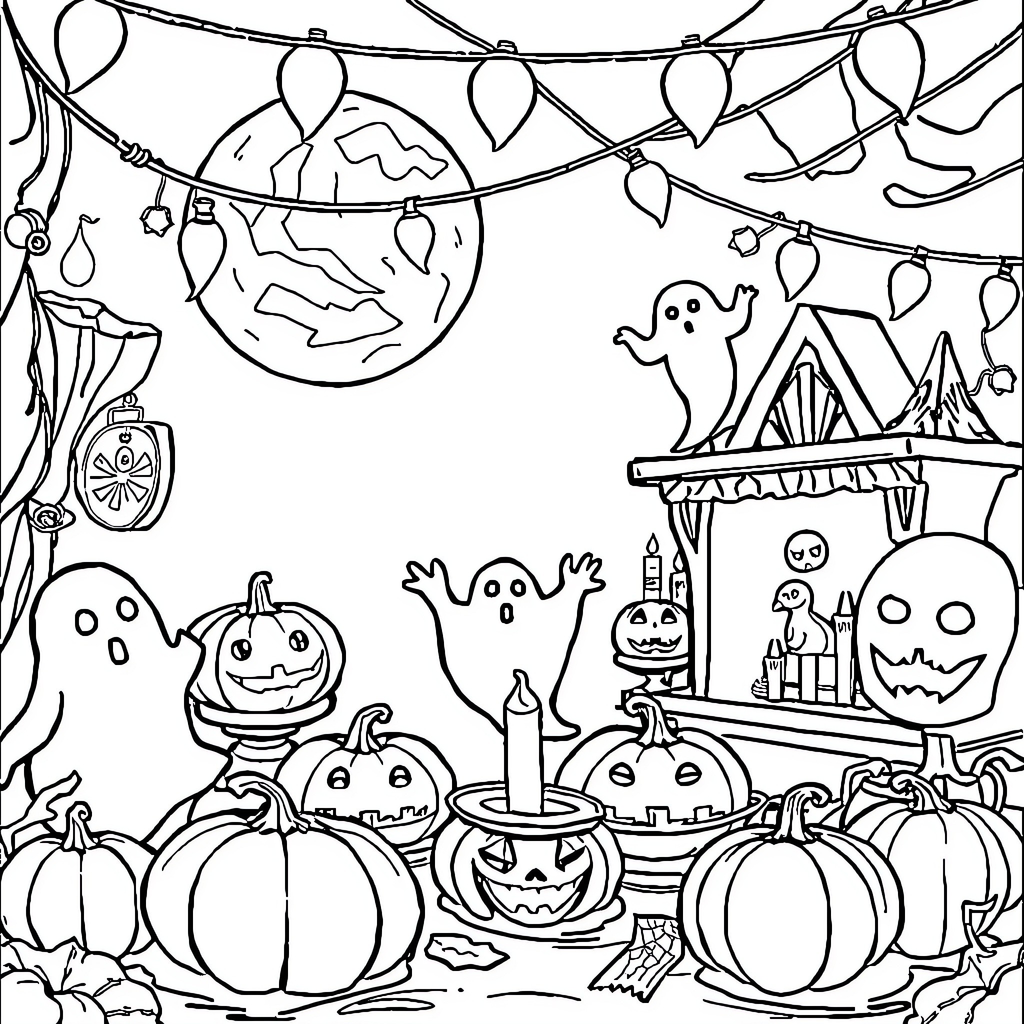 Halloween party with spooky decorations and characters Coloring Page (free black-and-white line drawing printable PDF for all, from beginners to advanced learners, including children, teens, adults, and seniors)