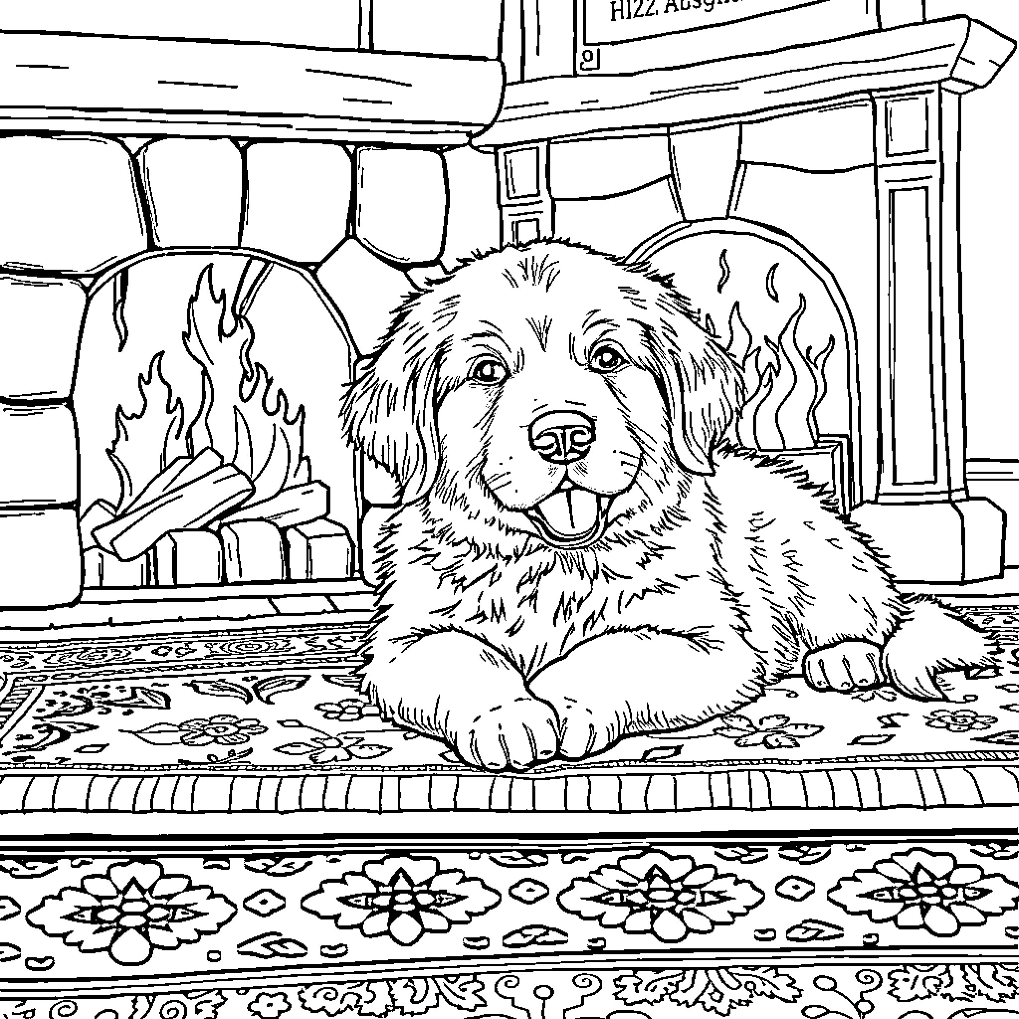 Puppy relaxing by the fireplace Coloring Page (free black-and-white line drawing printable PDF for all, from beginners to advanced learners, including children, teens, adults, and seniors)