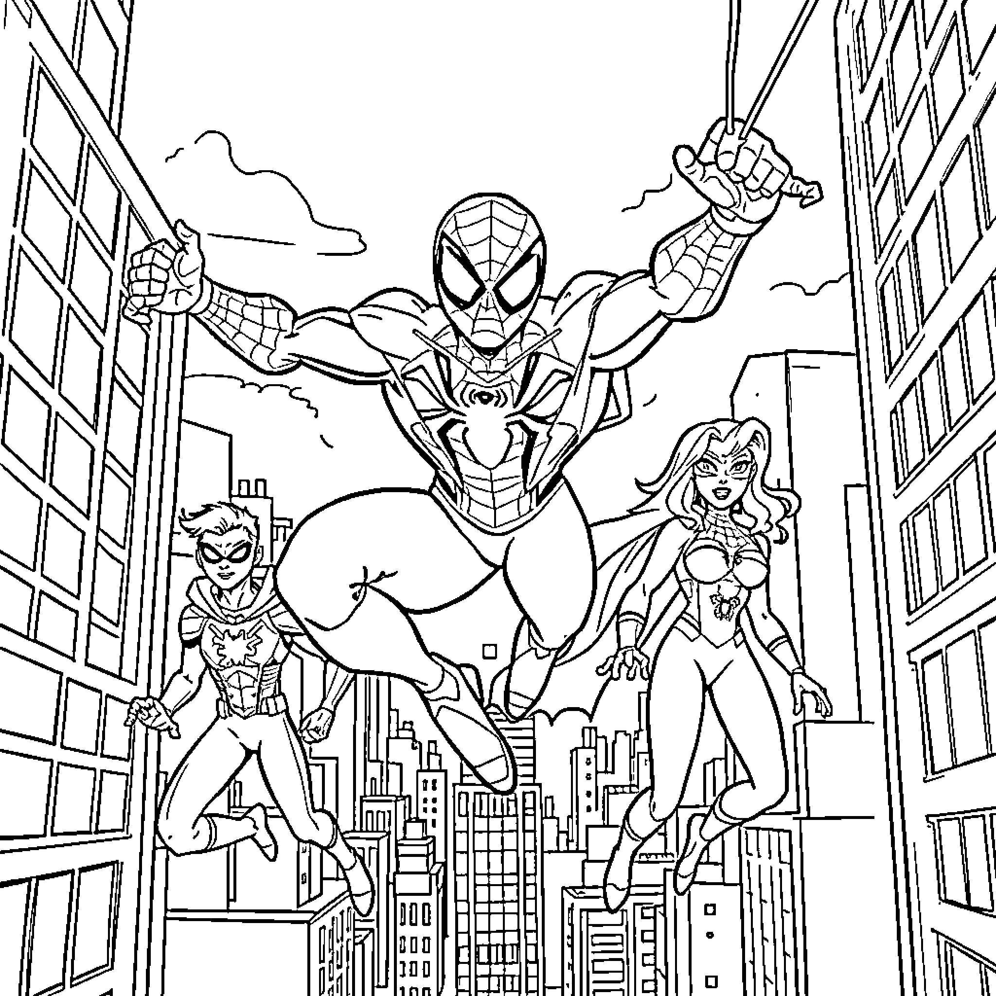 Myles Morales and Spider-Heroes Swinging Over the City Coloring Page (free black-and-white line drawing printable PDF for all, from beginners to advanced learners, including children, teens, adults, and seniors)