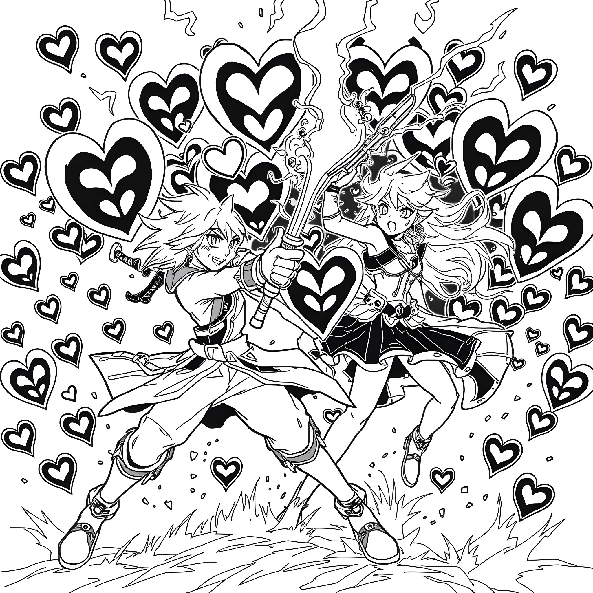 Sora's Radiant Heart Adventure Coloring Page (free black-and-white line drawing printable PDF for all, from beginners to advanced learners, including children, teens, adults, and seniors)