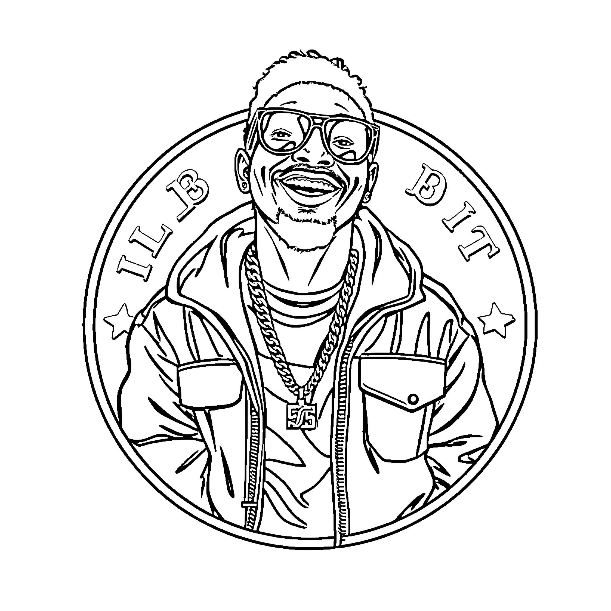 Rapper in stylish outfit with distinctive glasses Coloring Page (free black-and-white line drawing printable PDF for all, from beginners to advanced learners, including children, teens, adults, and seniors)