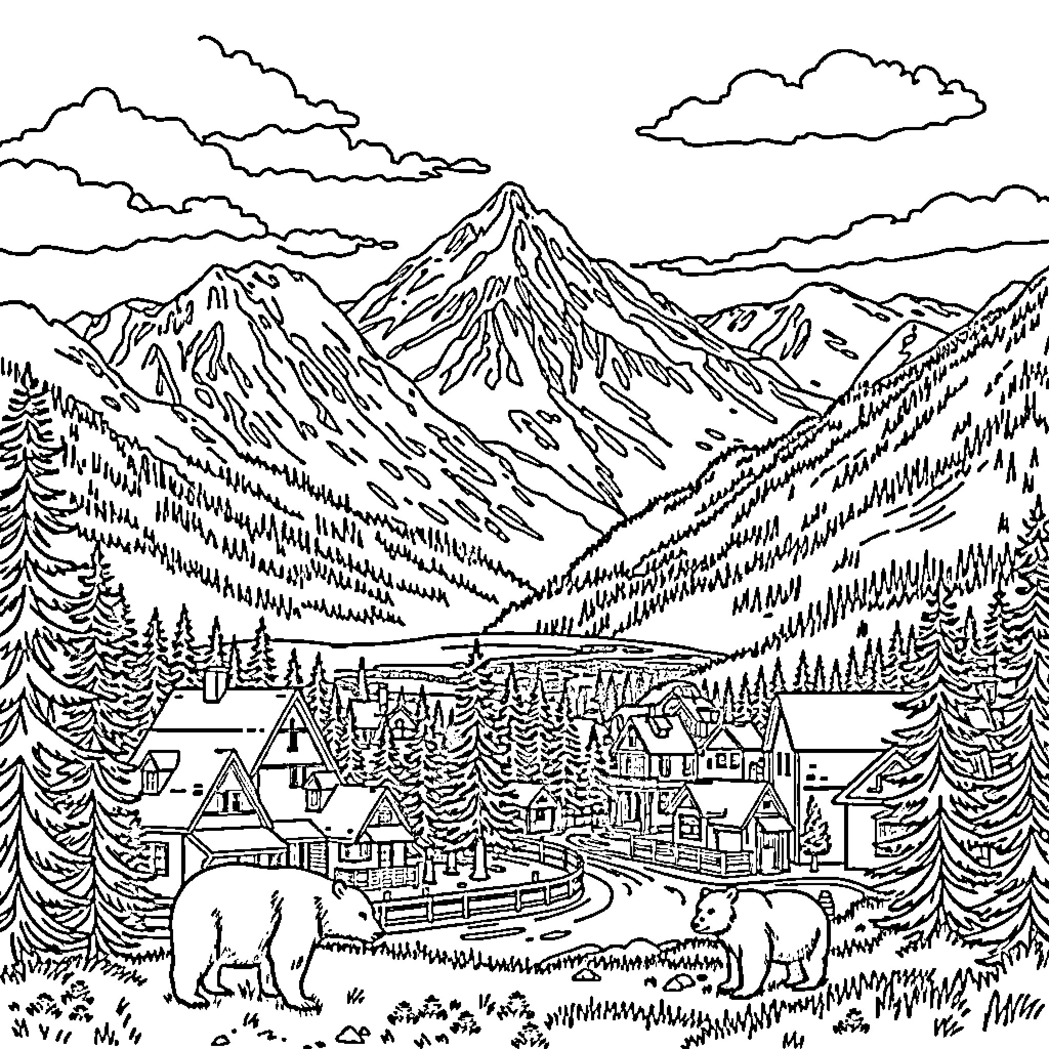 Bear in the Majestic Mountain Landscape Coloring Page (free black-and-white line drawing printable PDF for all, from beginners to advanced learners, including children, teens, adults, and seniors)