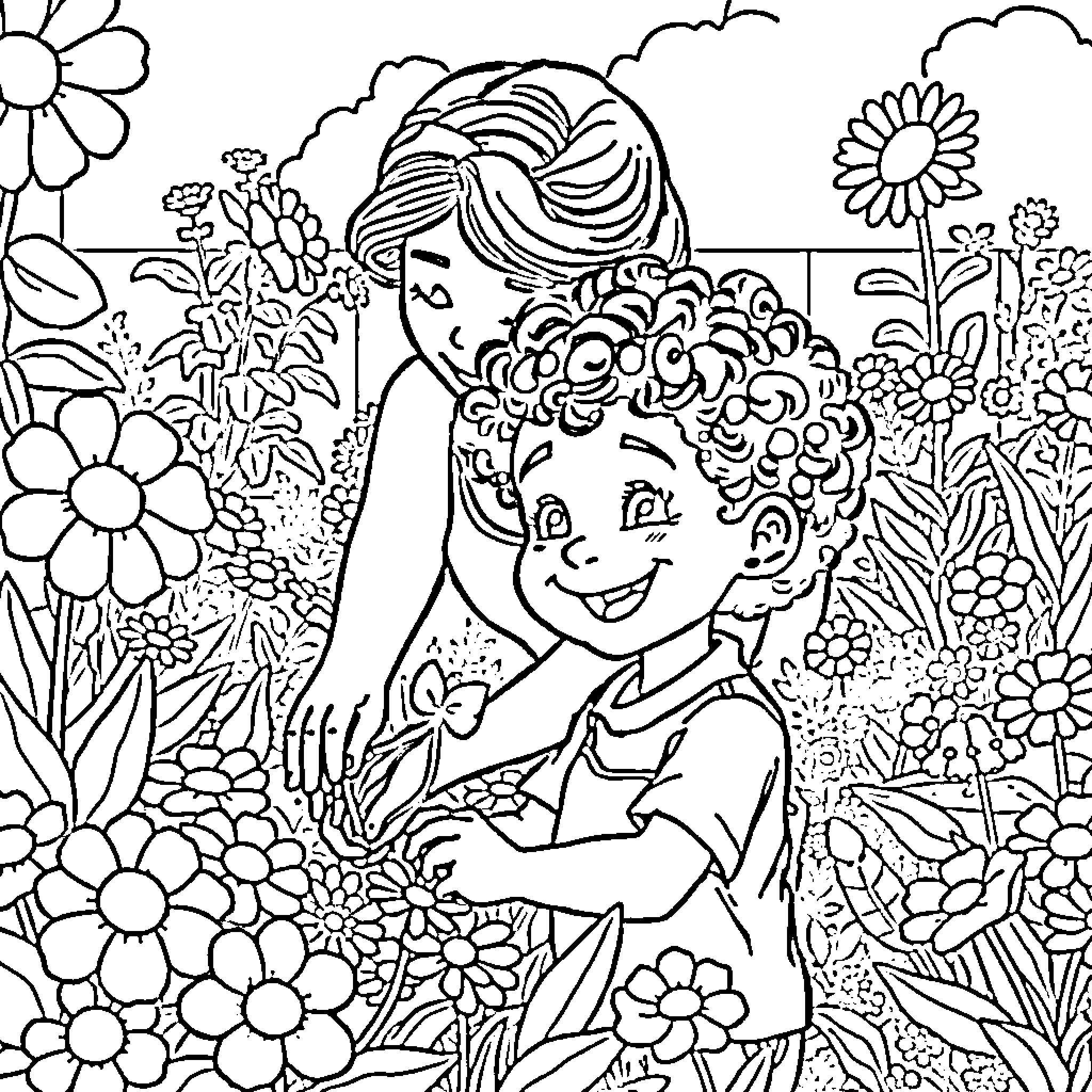 Boy playing cheerfully in a colorful flower garden Coloring Page (free black-and-white line drawing printable PDF for all, from beginners to advanced learners, including children, teens, adults, and seniors)