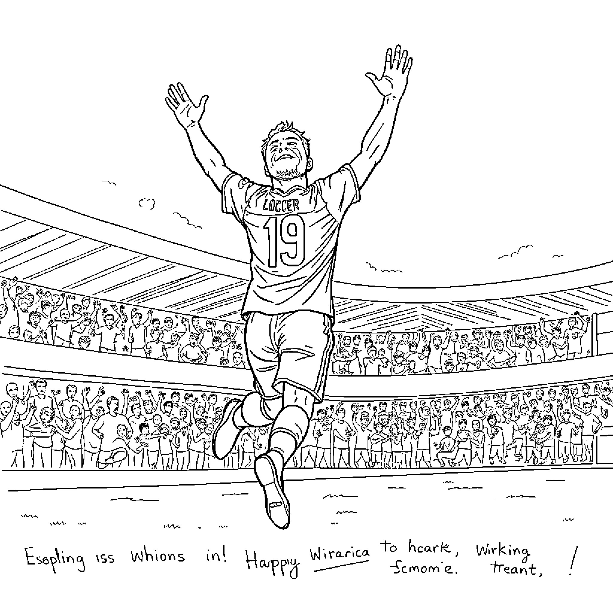 Soccer Player Celebrating Victory in the Stadium Coloring Page (free black-and-white line drawing printable PDF for all, from beginners to advanced learners, including children, teens, adults, and seniors)