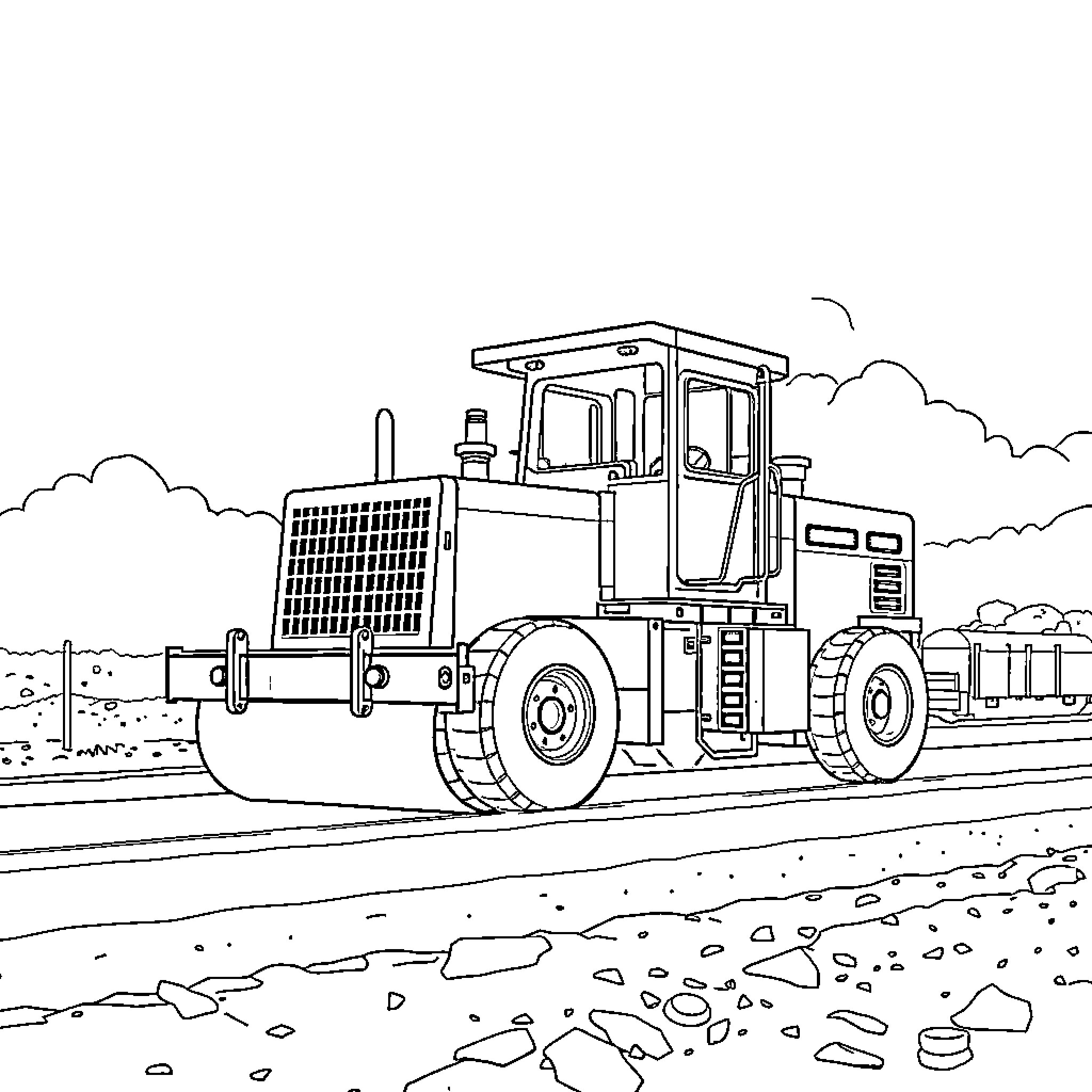 Asphalt Paver at Work on Road Construction Site Coloring Page (free black-and-white line drawing printable PDF for all, from beginners to advanced learners, including children, teens, adults, and seniors)