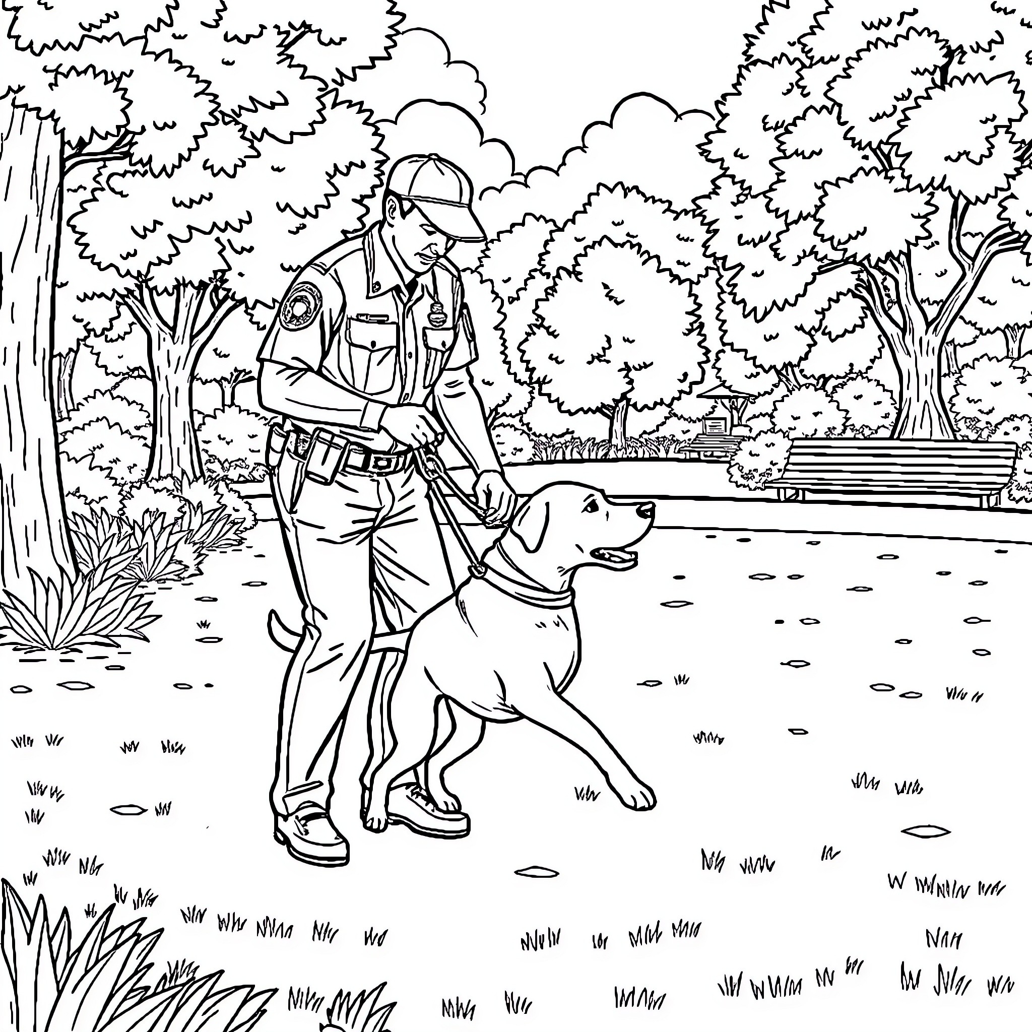 Dog Accompanying Ranger in Forest Landscape Coloring Page (free black-and-white line drawing printable PDF for all, from beginners to advanced learners, including children, teens, adults, and seniors)