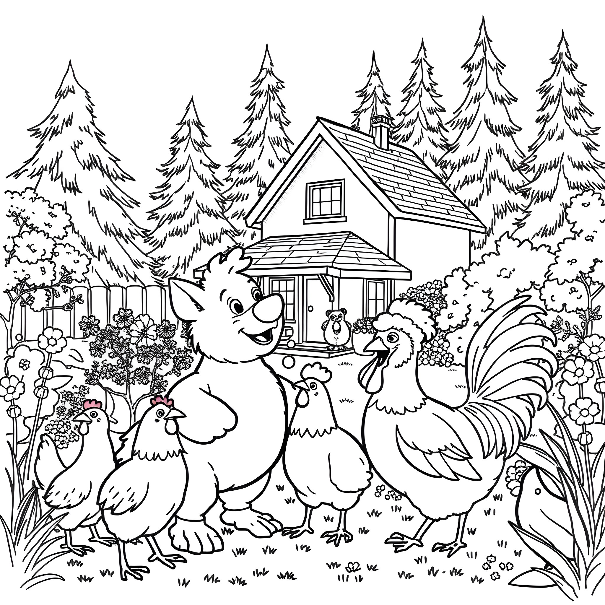 Pettson and his animal friends in the forest Coloring Page (free black-and-white line drawing printable PDF for all, from beginners to advanced learners, including children, teens, adults, and seniors)