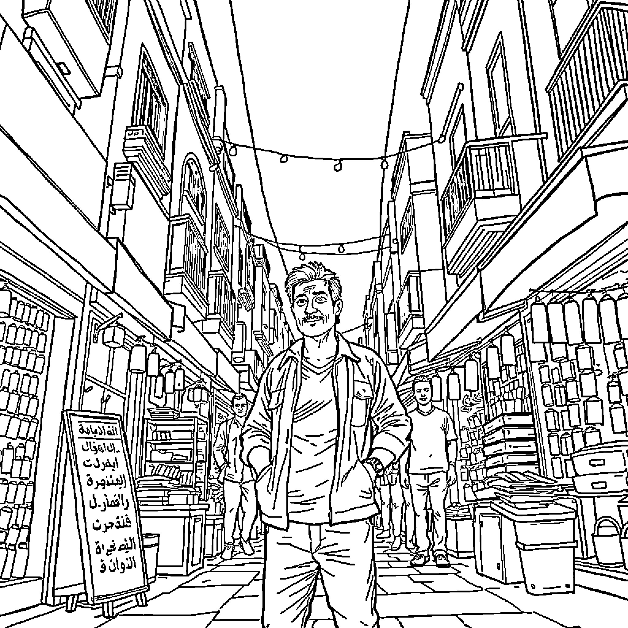 Man walking through a crowded urban marketplace Coloring Page (free black-and-white line drawing printable PDF for all, from beginners to advanced learners, including children, teens, adults, and seniors)
